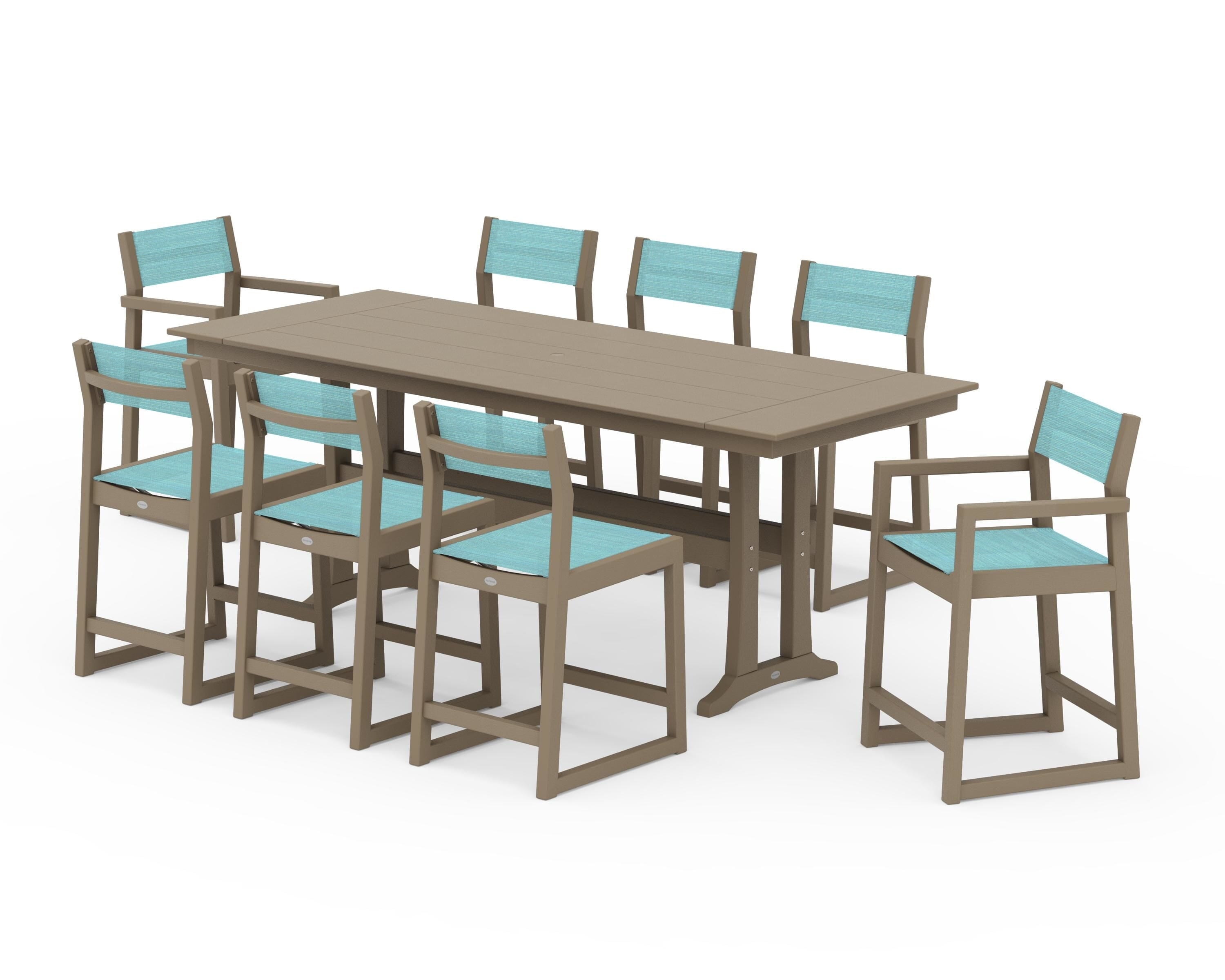 POLYWOOD EDGE Sling 9-Piece Farmhouse Counter Set with Trestle Legs in Vintage Sahara / Dupioni Aquamarine Sling