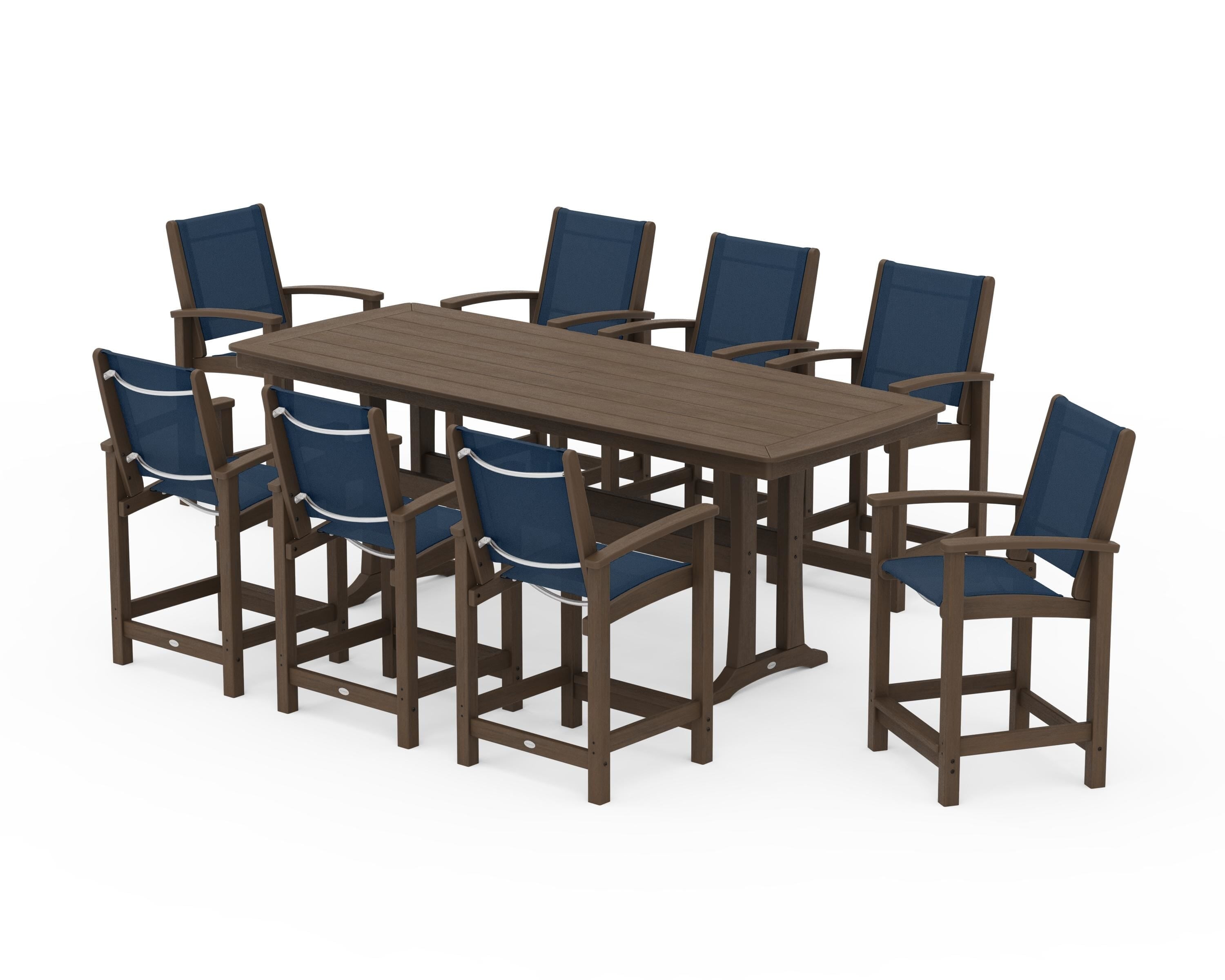 POLYWOOD Coastal 9-Piece Counter Set with Trestle Legs in Kona / Navy Blue Sling