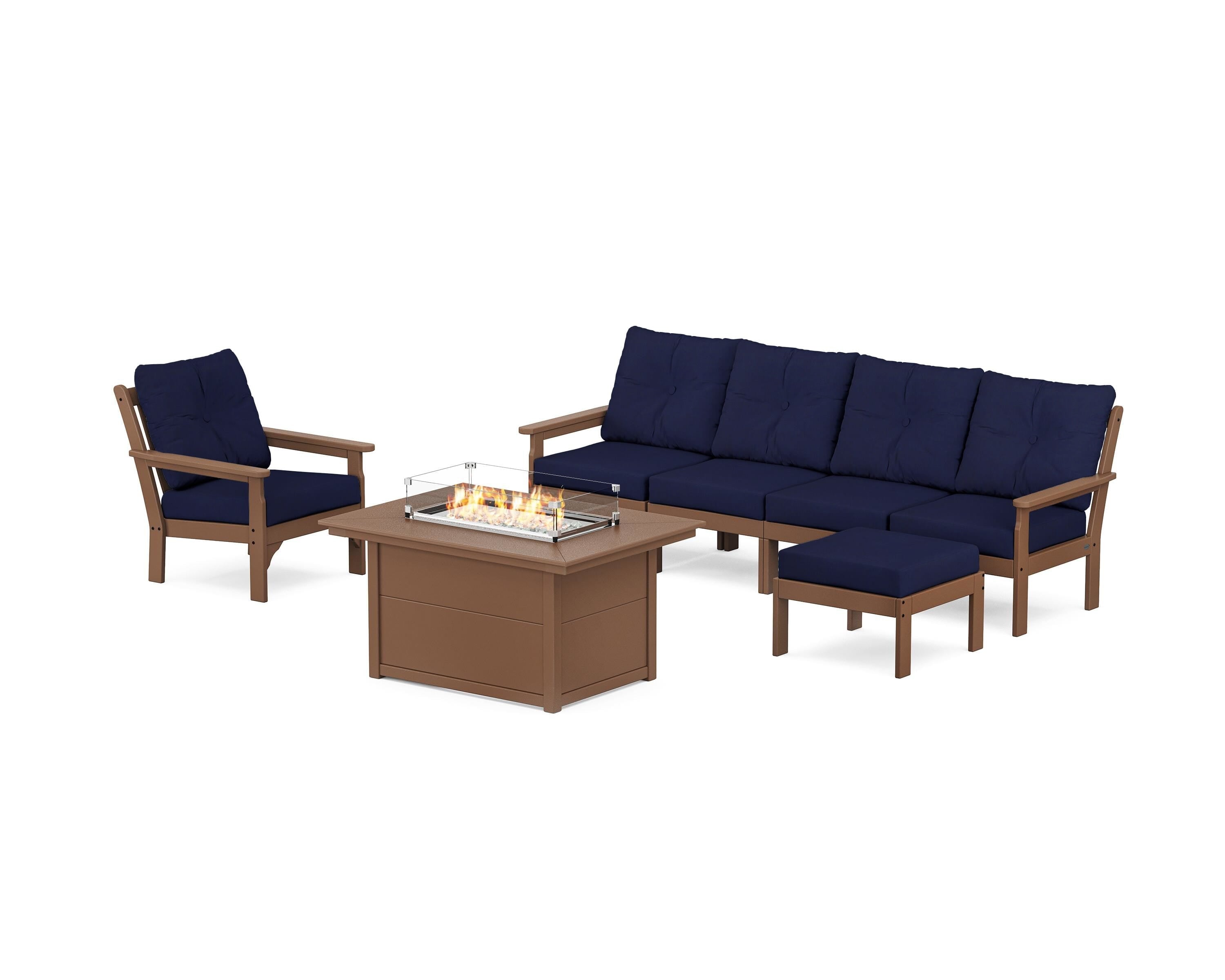 POLYWOOD Vineyard Sectional Lounge and Fire Pit Set in Teak / Navy