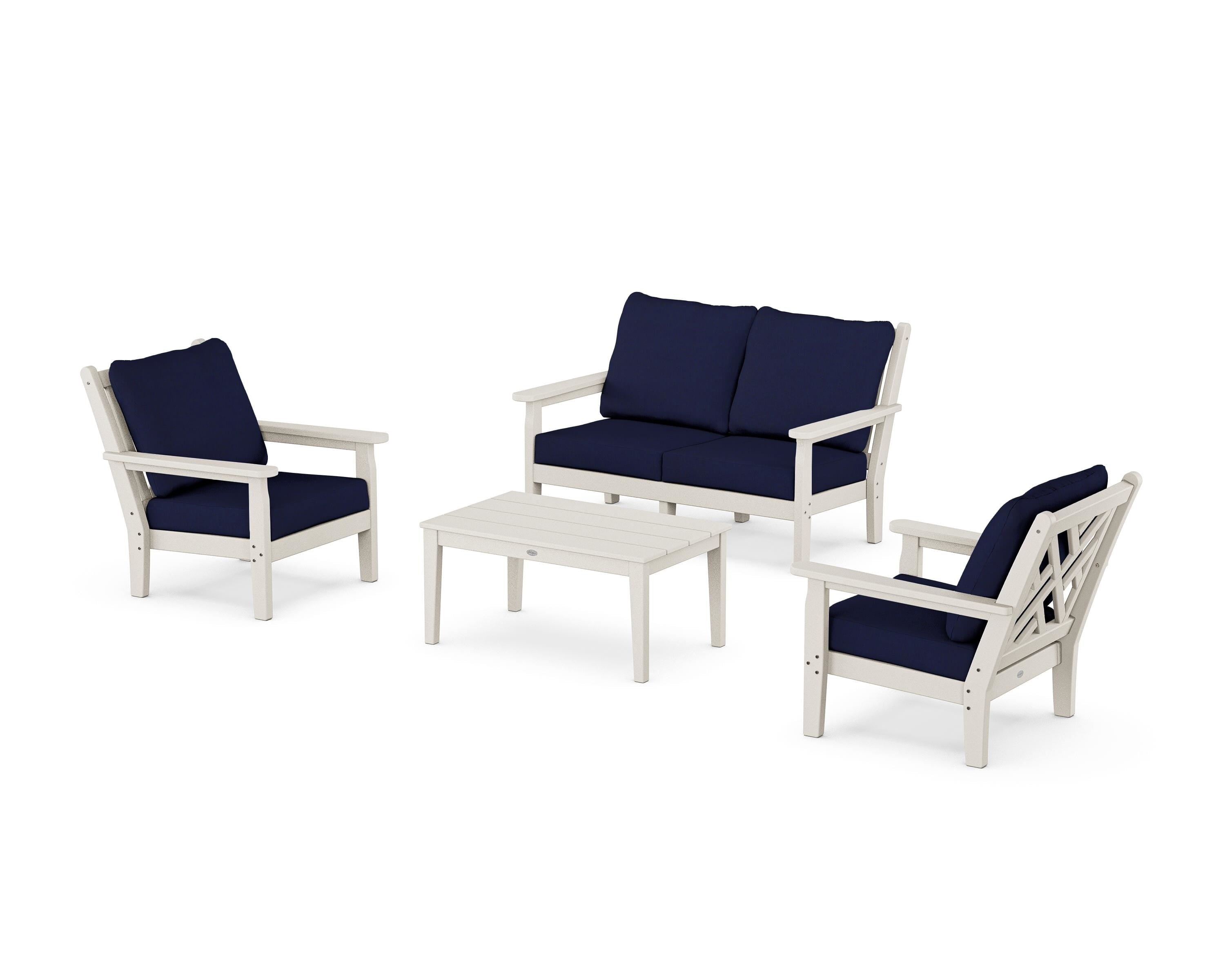 POLYWOOD Chippendale 4-Piece Deep Seating Set with Loveseat in Sand / Navy