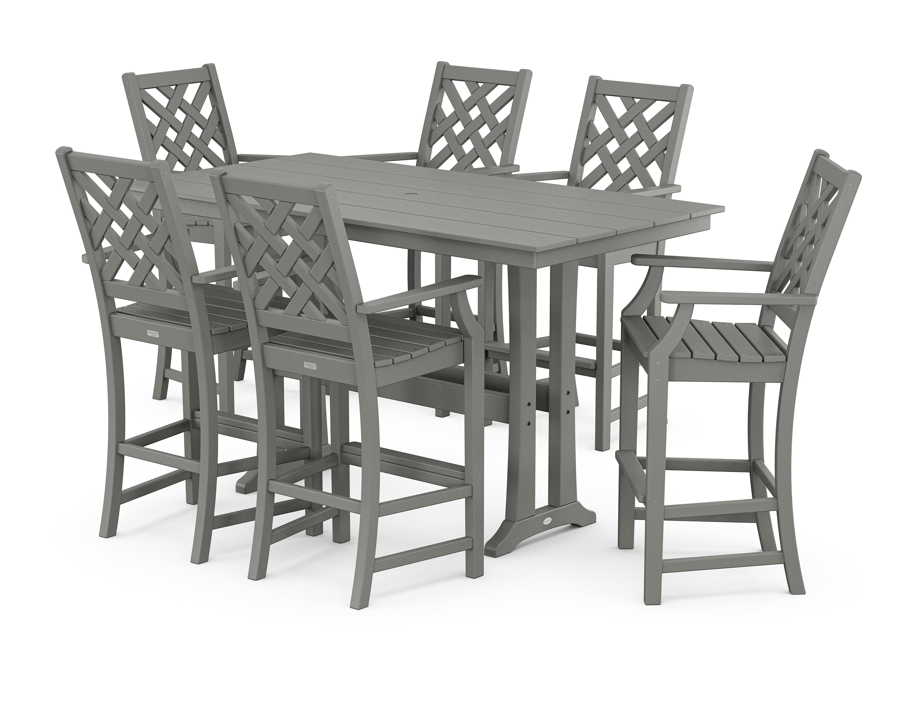 Country Living Wovendale Arm Chair 7-Piece Farmhouse Bar Set with Trestle Legs in Slate Grey