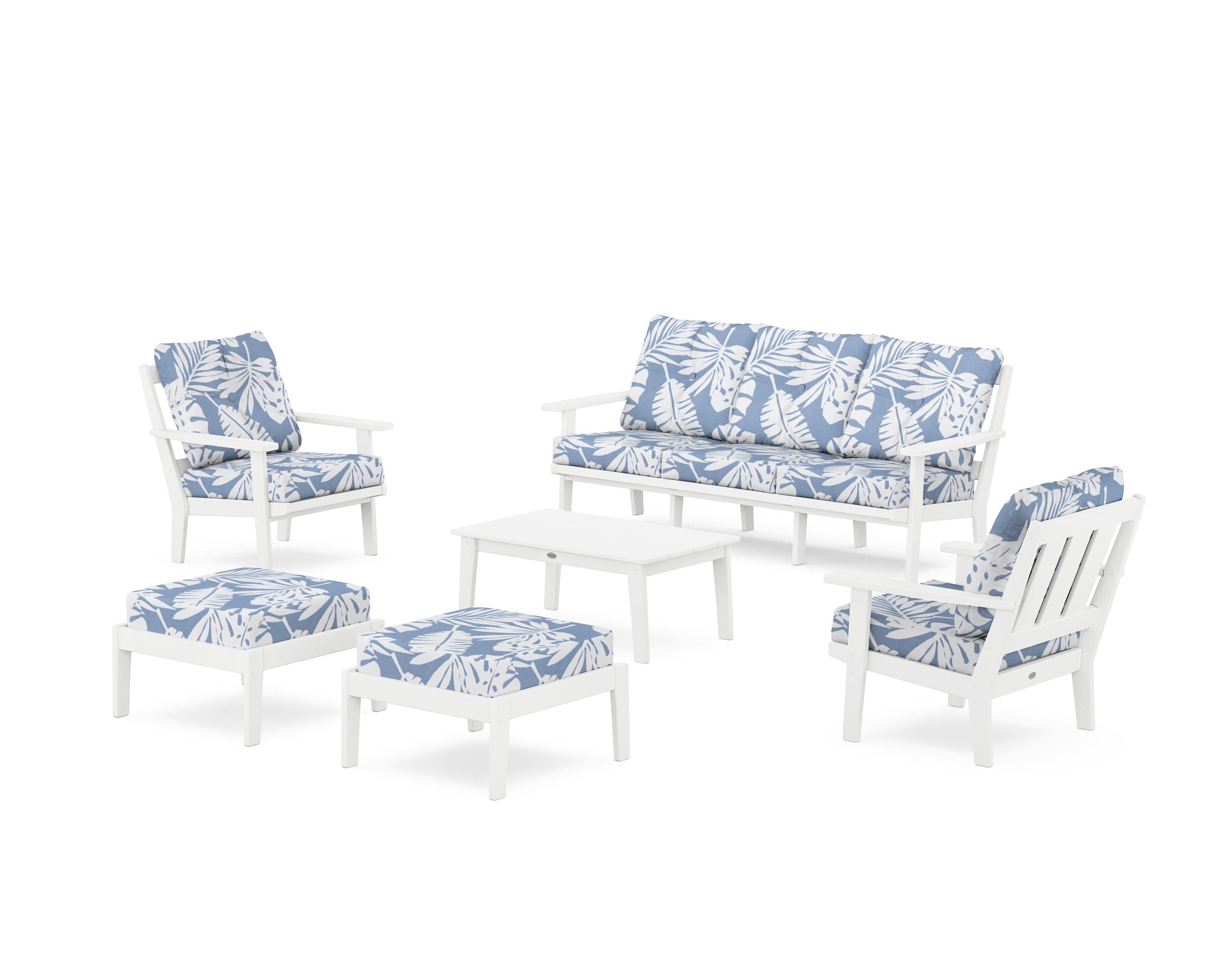 POLYWOOD Oxford 6-Piece Lounge Sofa Set in White / Leaf Sky Blue