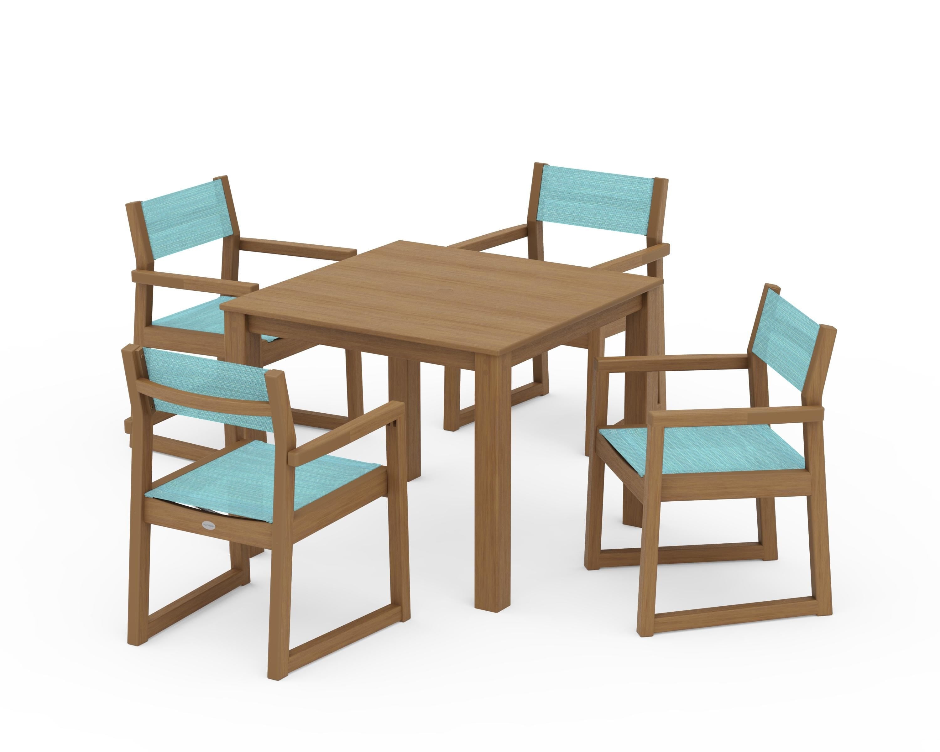 POLYWOOD EDGE Sling Arm Chair 5-Piece Parsons Dining Set in Natural / Dupioni Aquamarine Sling