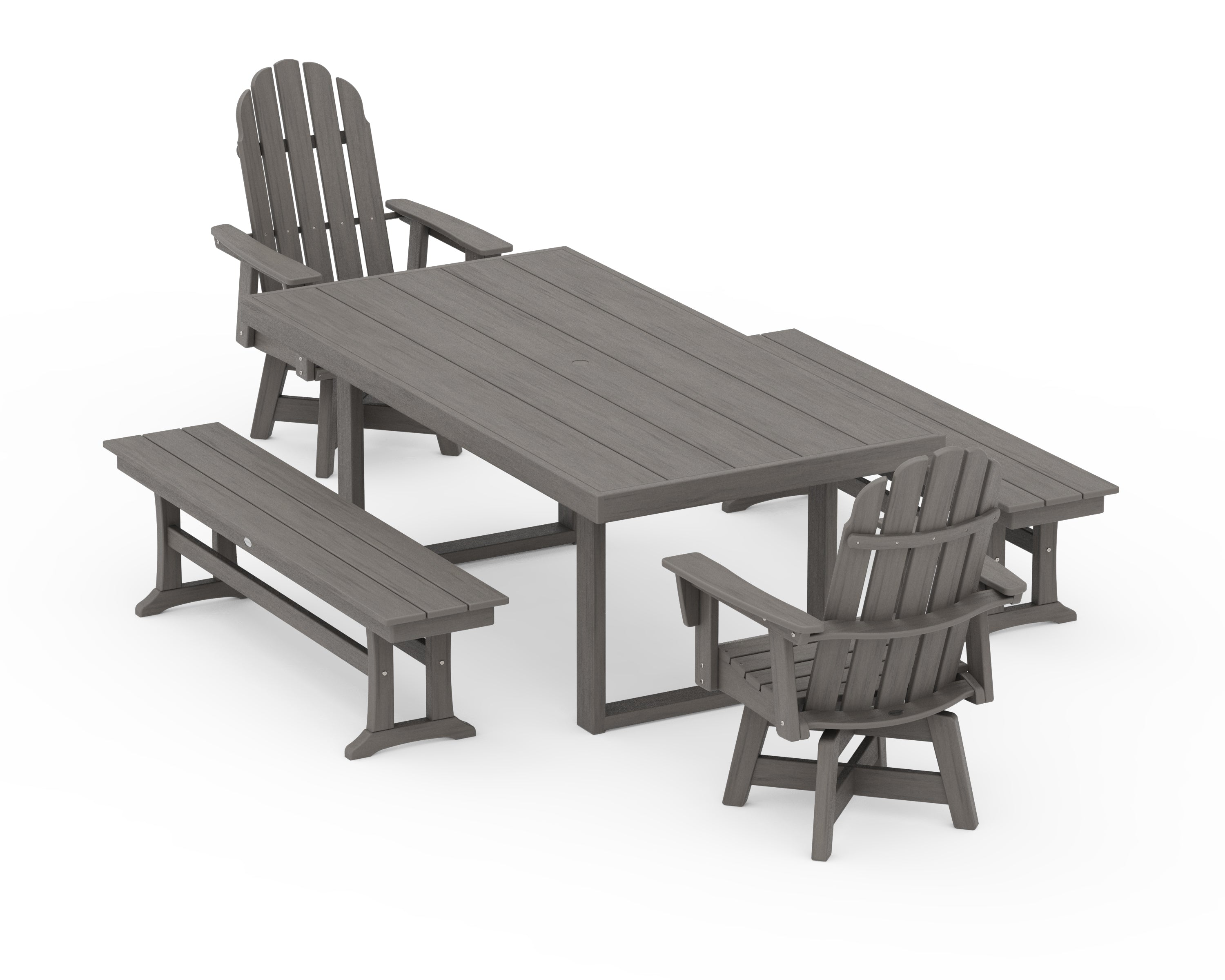 POLYWOOD Vineyard Curveback Adirondack Swivel Chair 5-Piece Dining Set with Benches in Driftwood