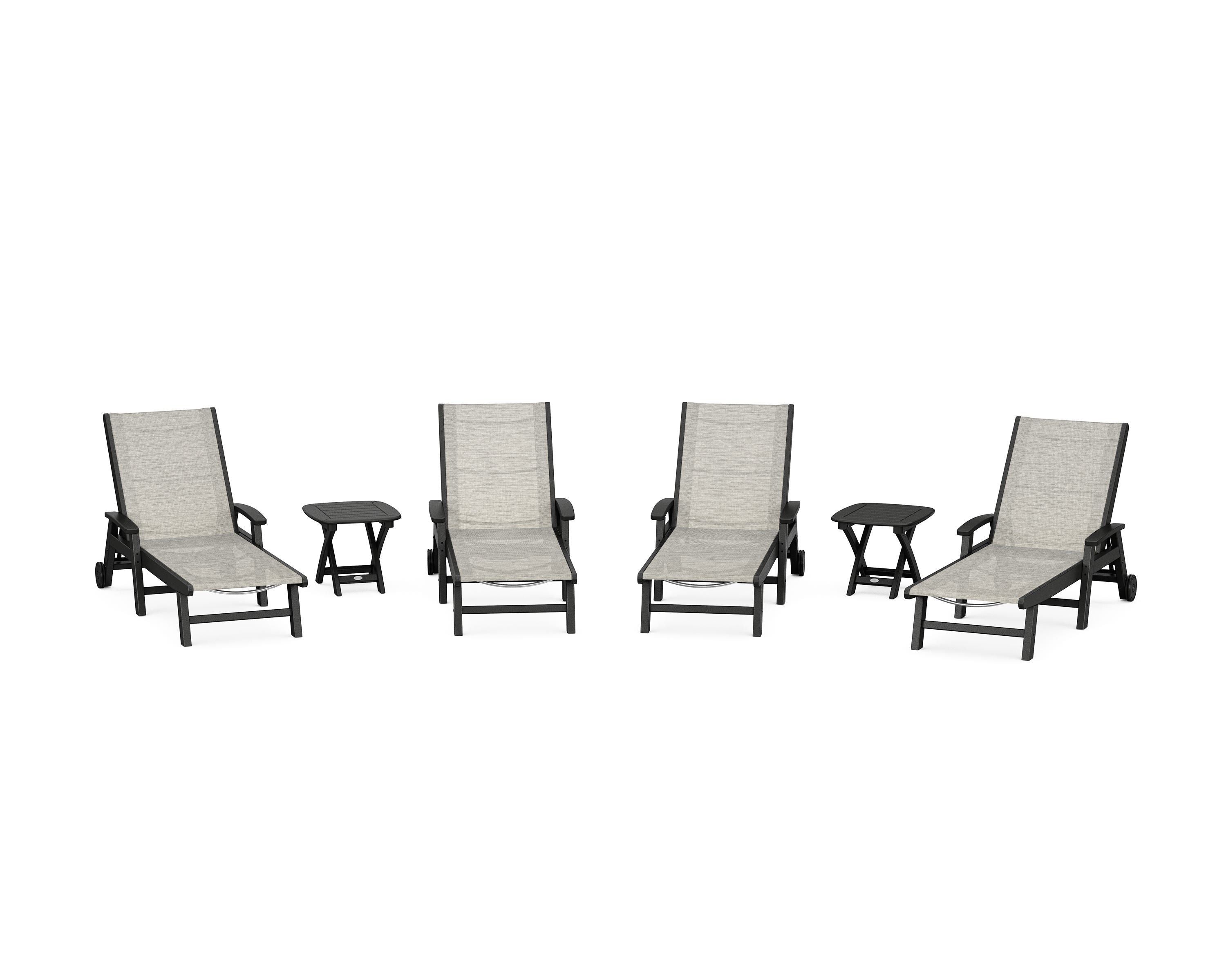 POLYWOOD Coastal Chaise 6-Piece Set with Wheels in Black / Birch Sling