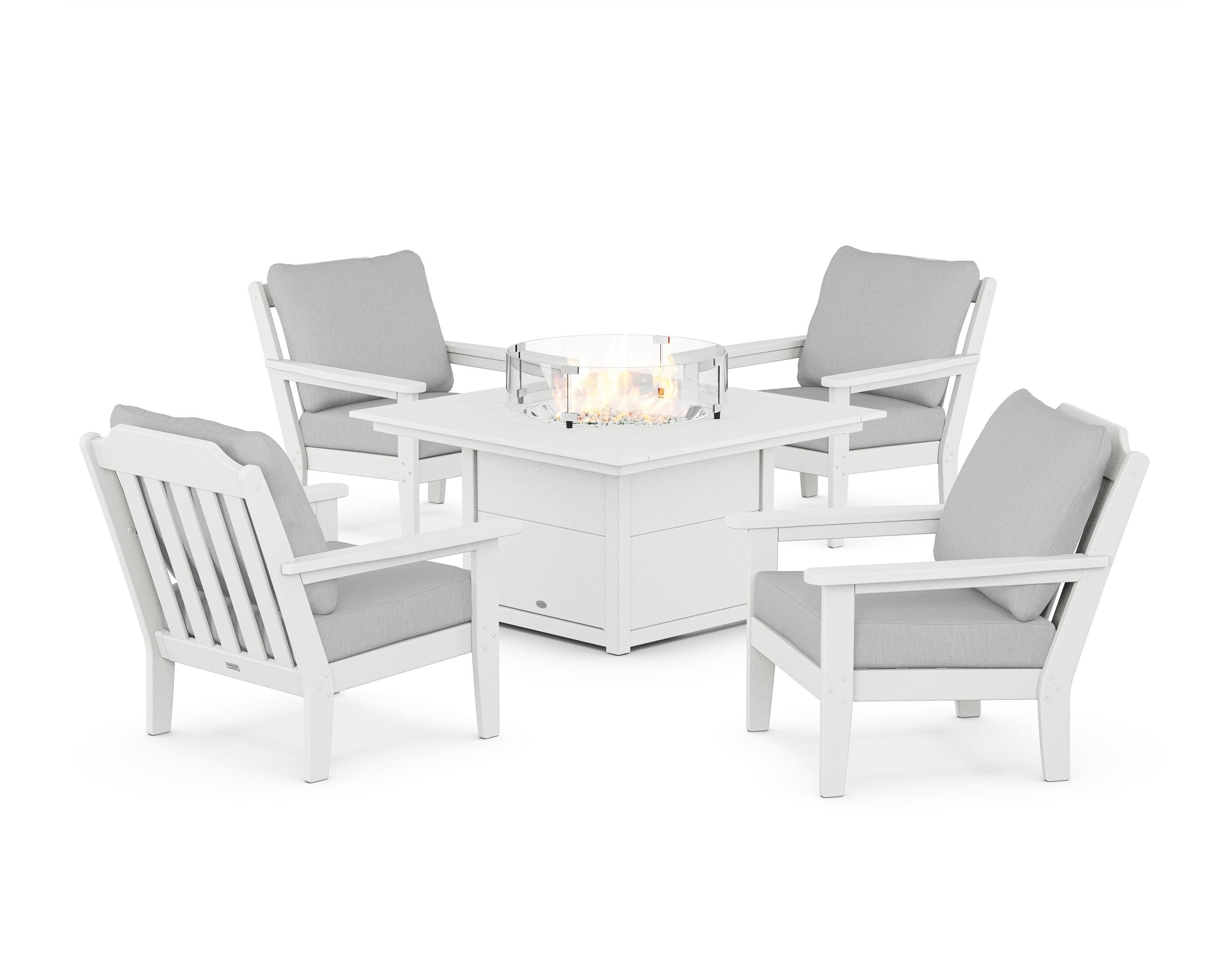 Country Living Cottage 5-Piece Deep Seating Set with Fire Pit Table in White / Granite