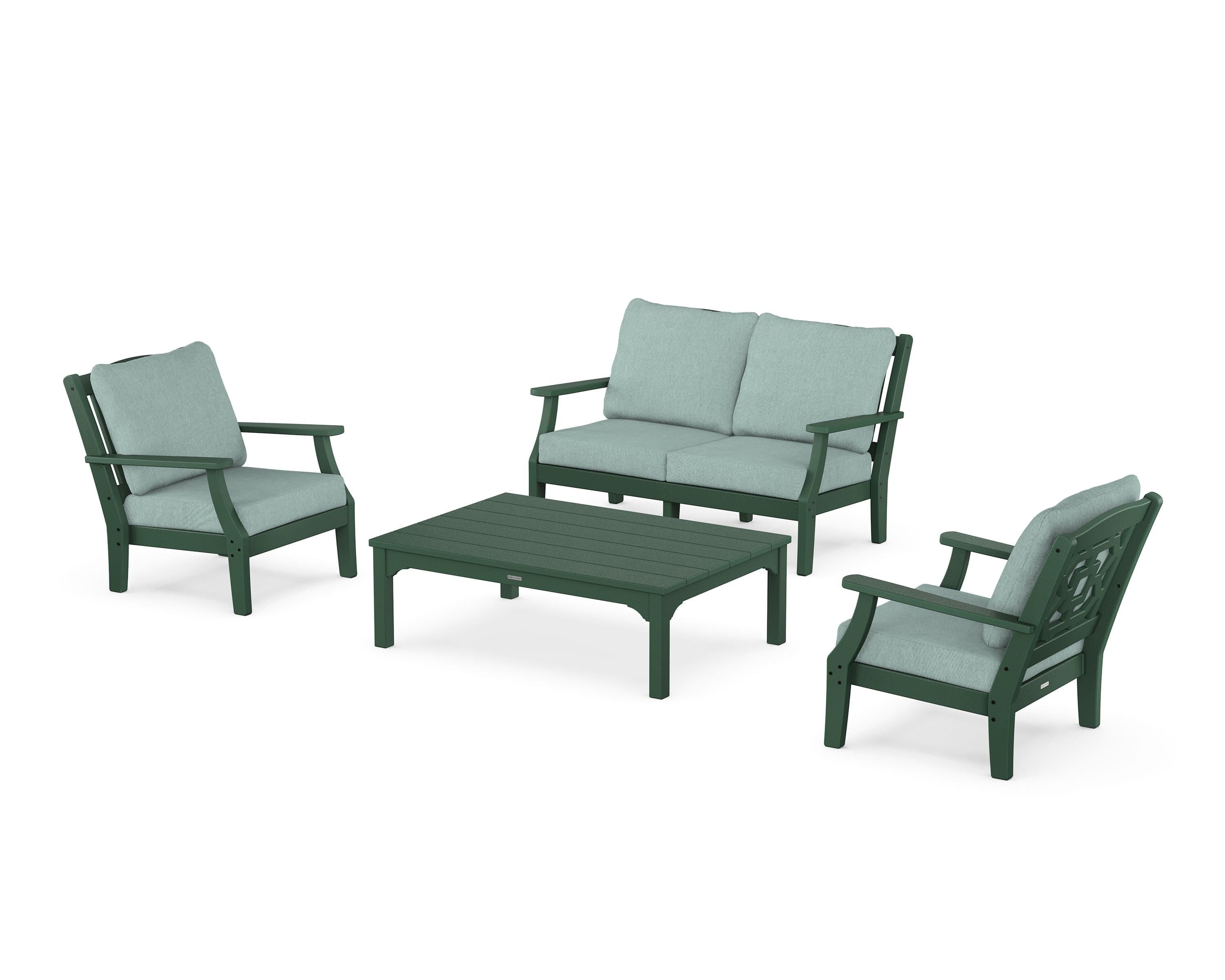 Martha Stewart by POLYWOOD Chinoiserie 4-Piece Deep Seating Set with Loveseat in Green / Glacier Spa