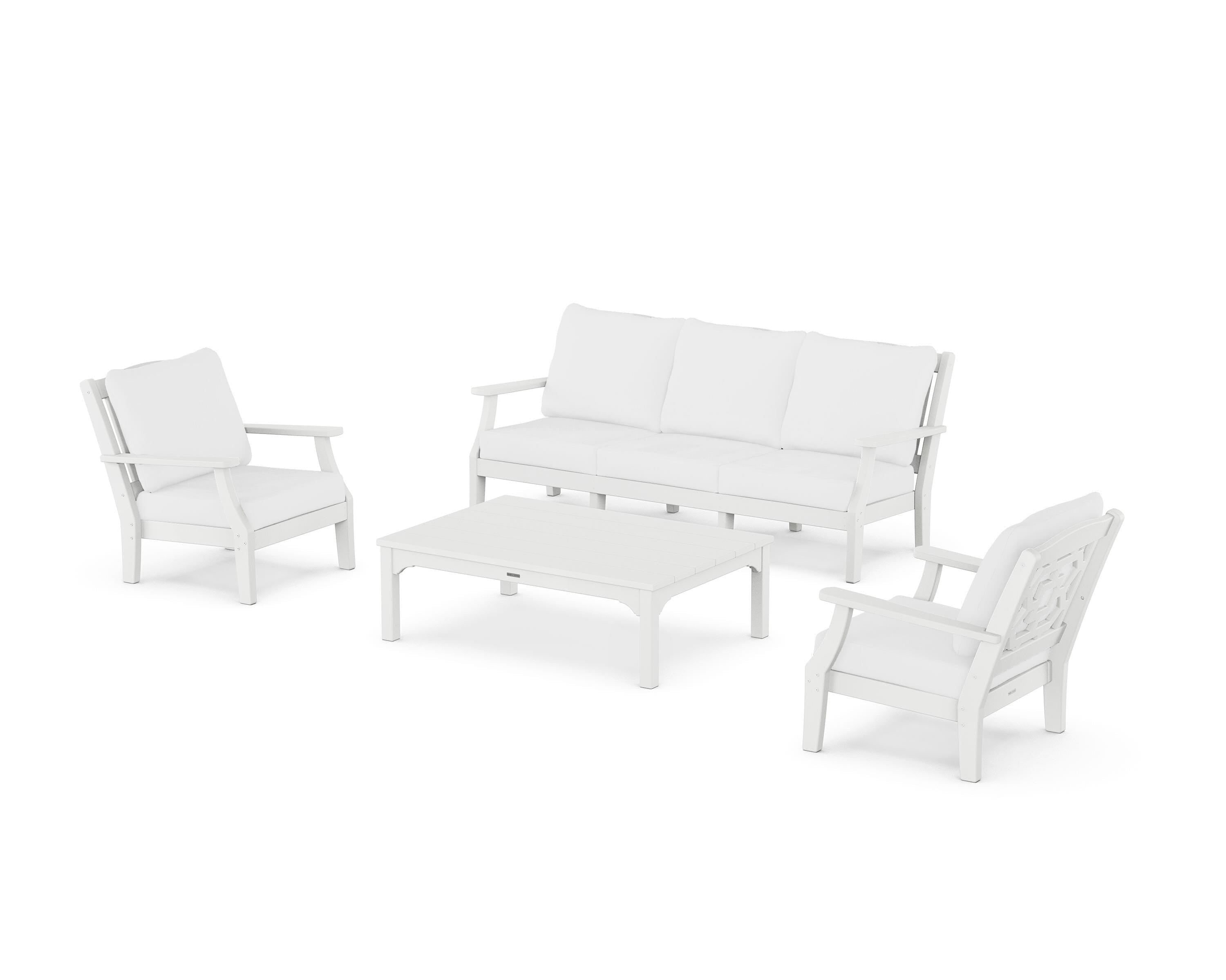 Martha Stewart by POLYWOOD Chinoiserie 4-Piece Deep Seating Set with Sofa in White / Natural