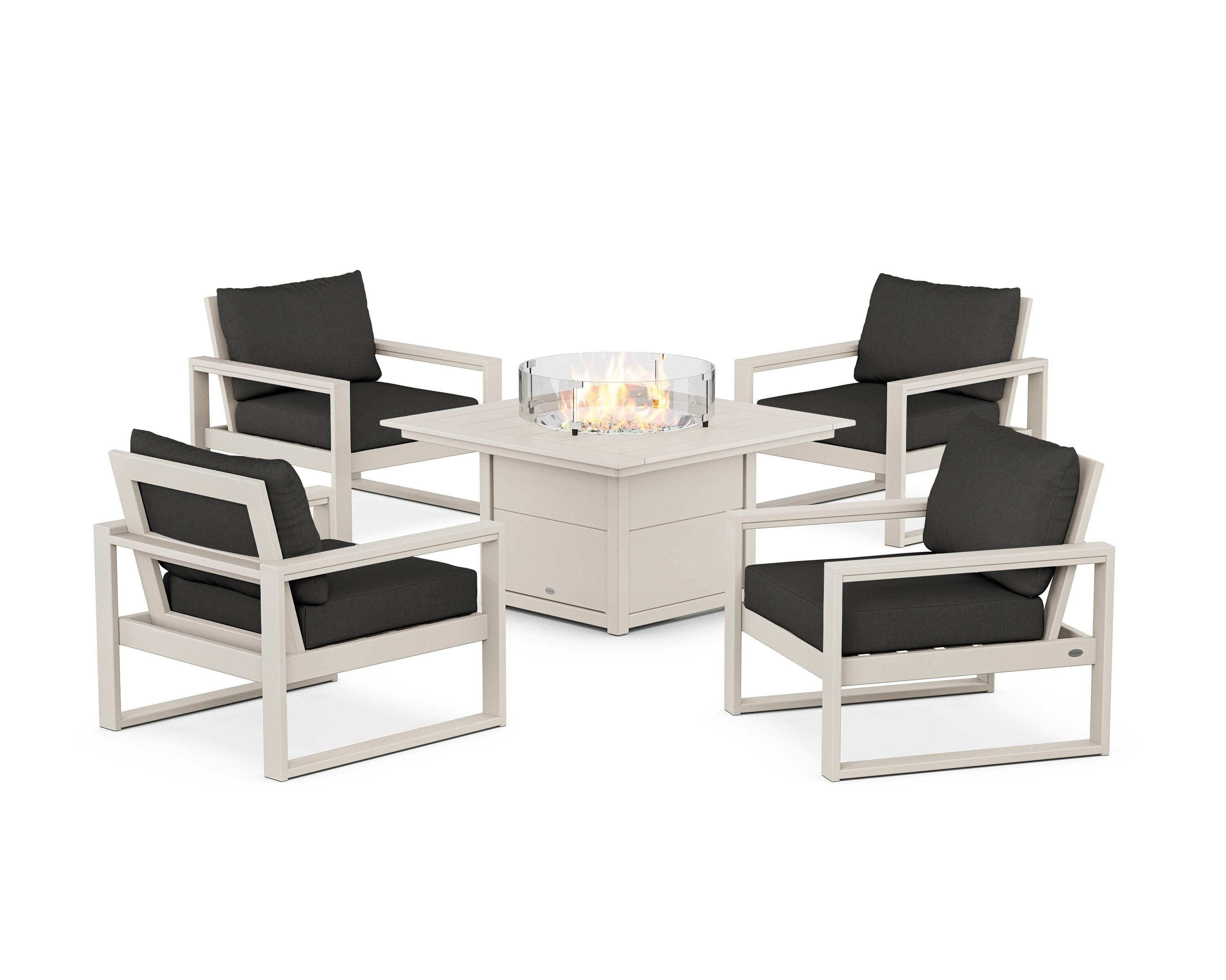 POLYWOOD EDGE Sectional 5-Piece Deep Seating Set with Fire Pit Table in Sand / Spectrum Carbon