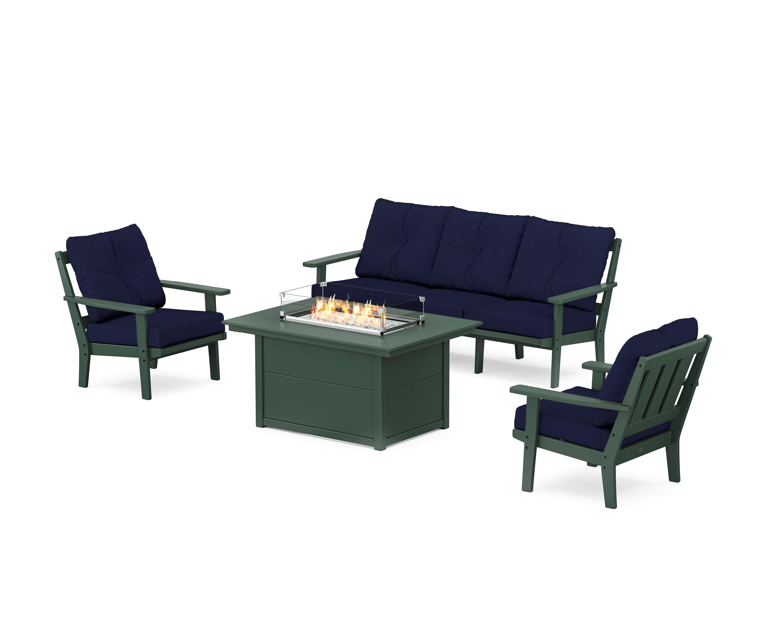 POLYWOOD Oxford Deep Seating Fire Pit Table Set in Green / Navy