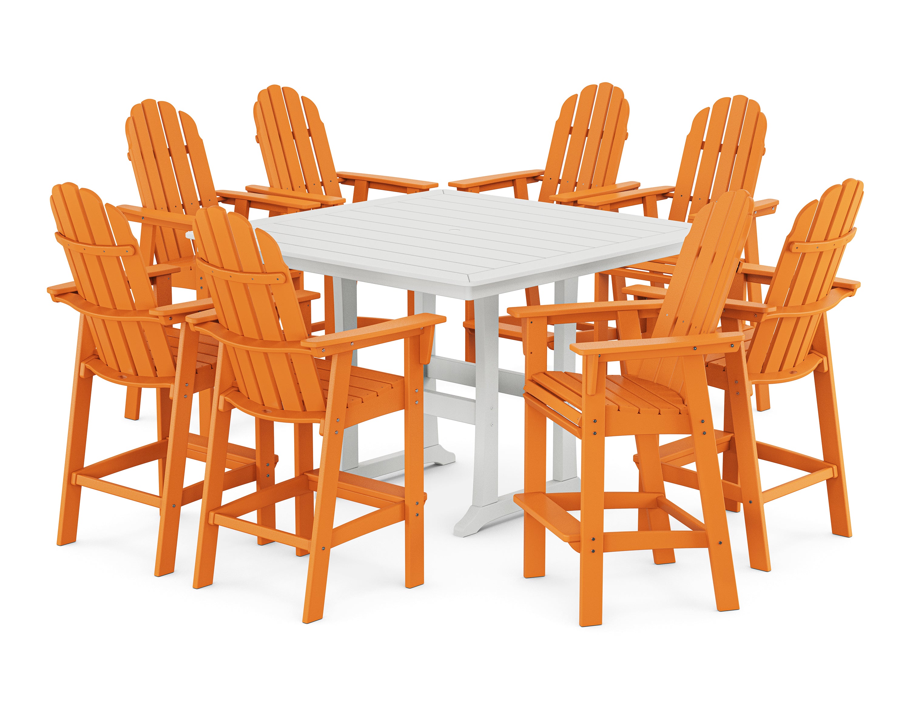 POLYWOOD® Vineyard Curveback Adirondack 9-Piece Trestle Bar Set in Tangerine / White