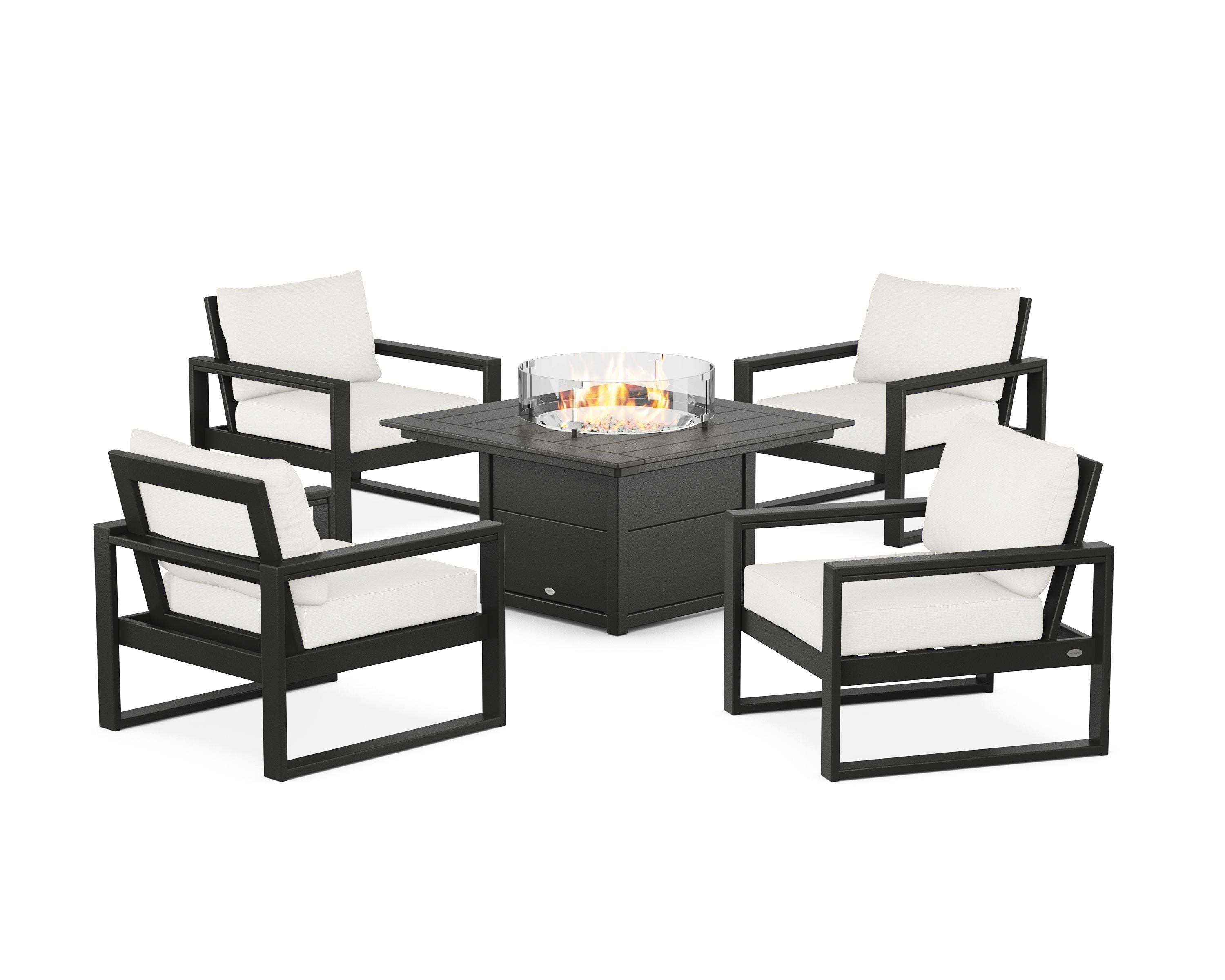 POLYWOOD EDGE Sectional 5-Piece Deep Seating Set with Fire Pit Table in Black / Natural Linen