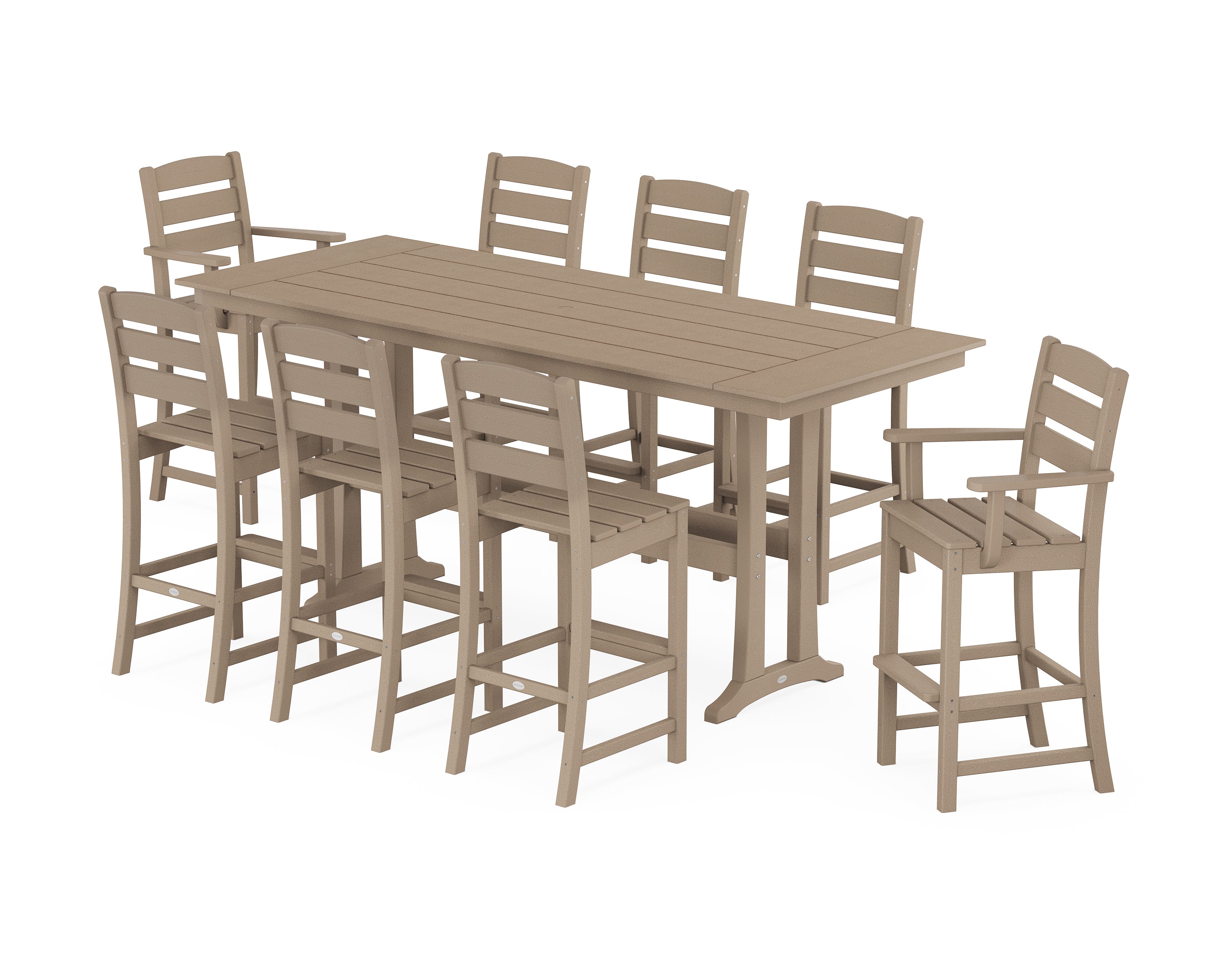 POLYWOOD Lakeside 9-Piece Farmhouse Bar Set with Trestle Legs in Vintage Sahara