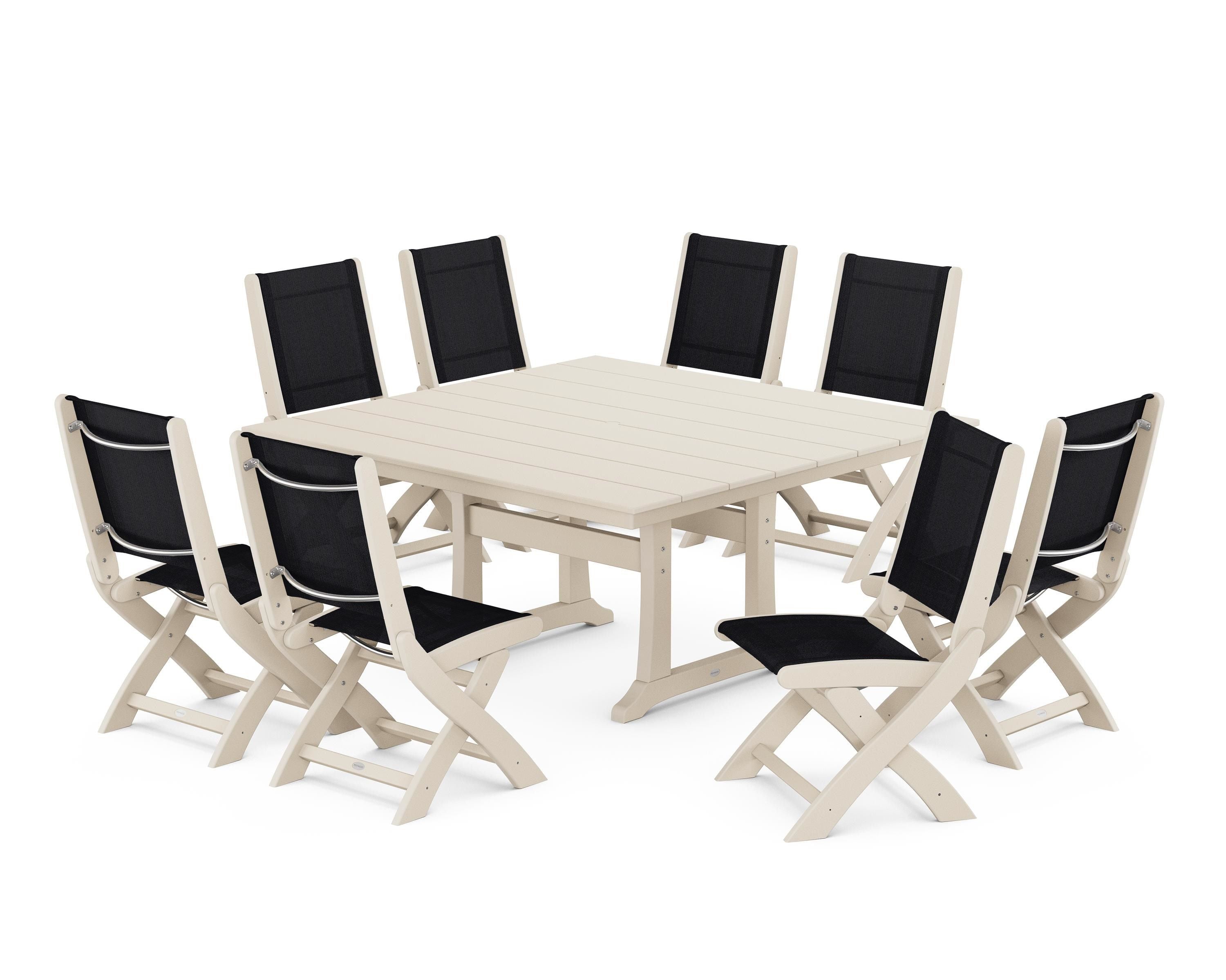 POLYWOOD Coastal Folding Side Chair 9-Piece Farmhouse Dining Set in Sand / Black Sling