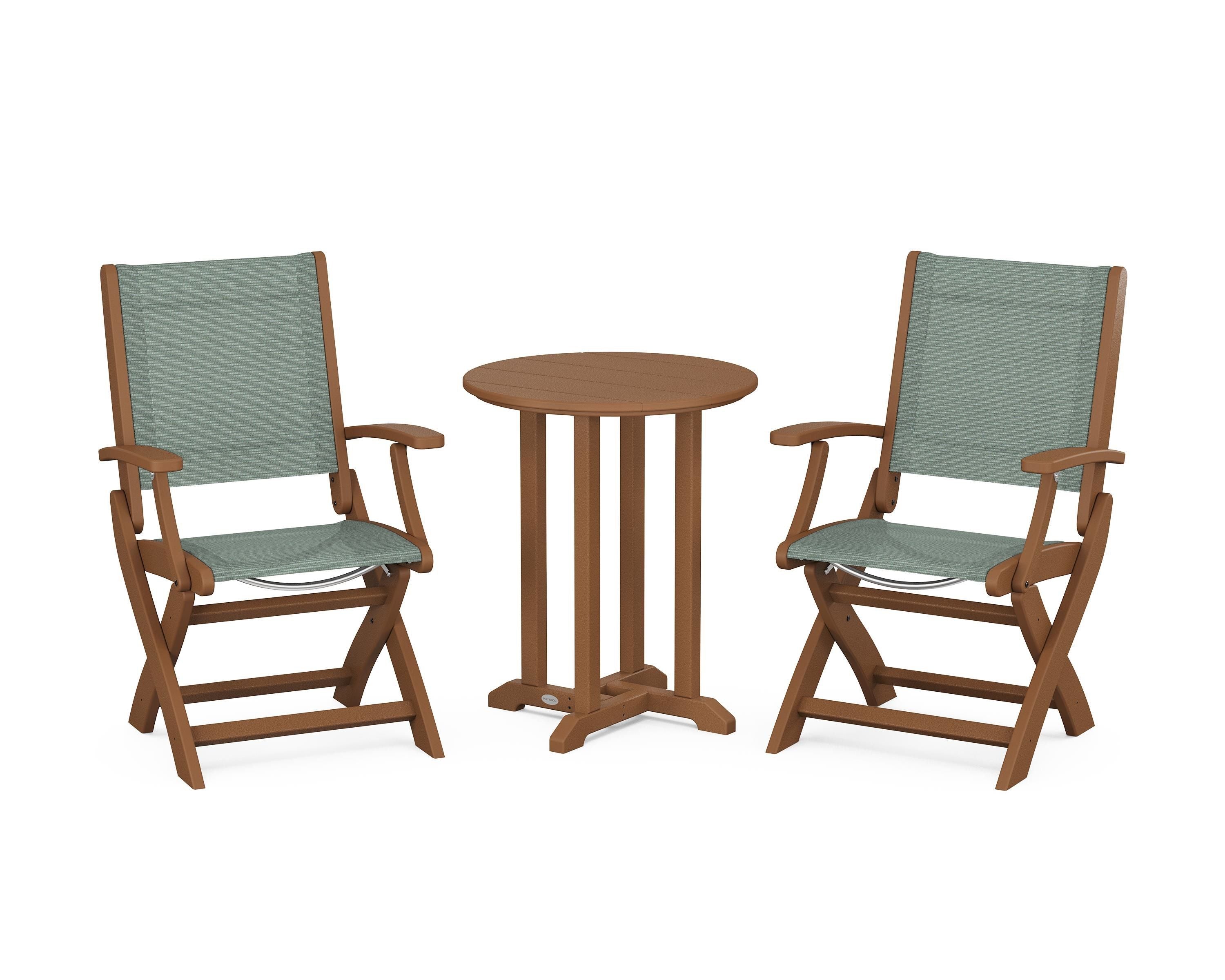POLYWOOD Coastal Folding 3-Piece Round Bistro Dining Set in Teak / Dupioni Sea Mist Sling