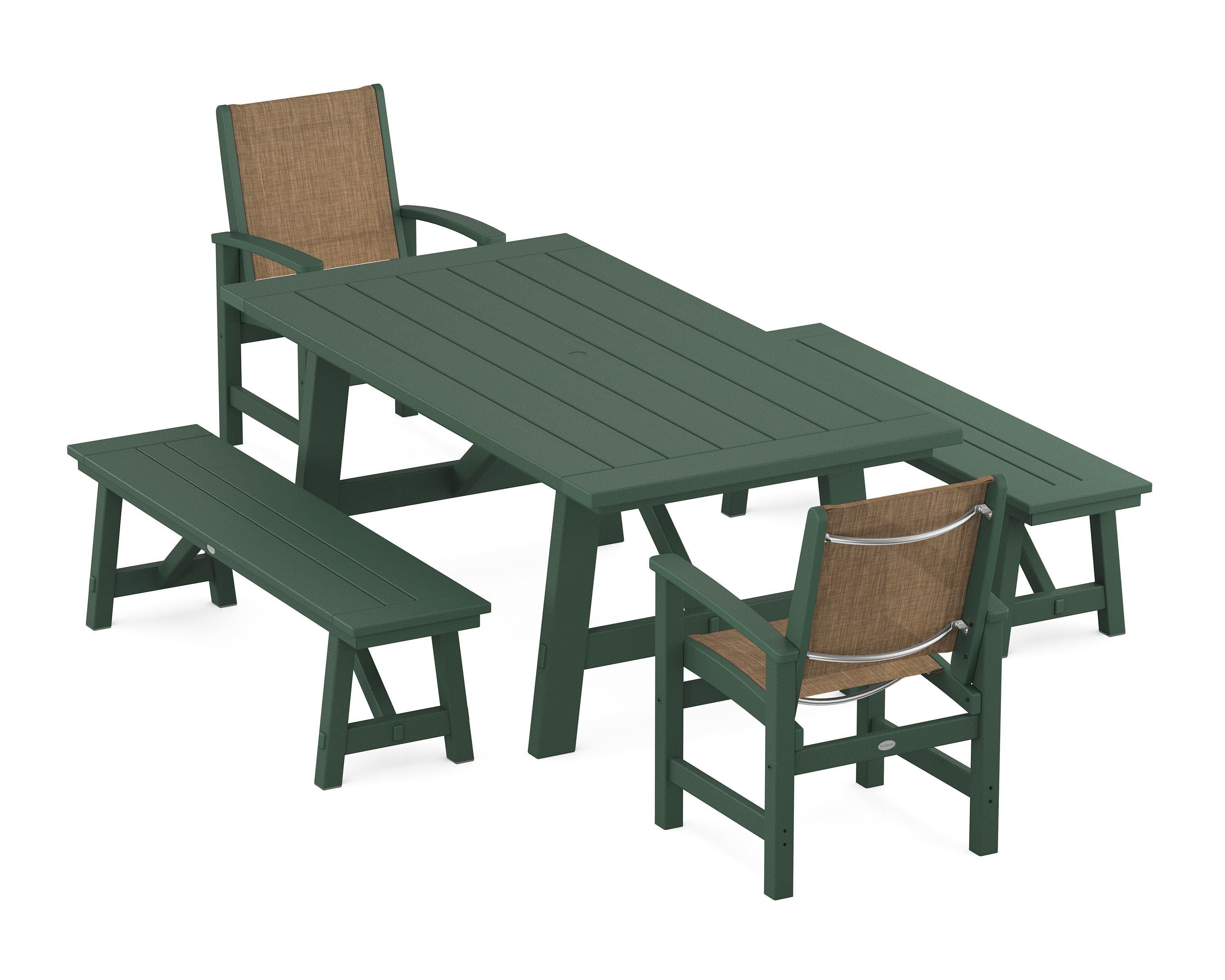 POLYWOOD Coastal 5-Piece Rustic Farmhouse Dining Set With Benches in Green / Burlap Sling