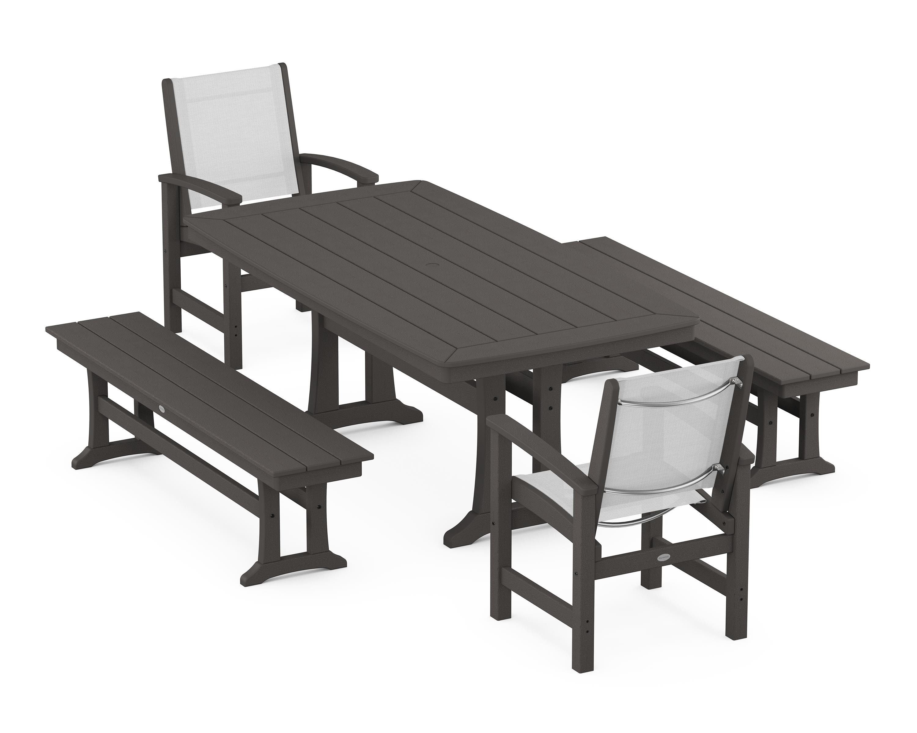 POLYWOOD Coastal 5-Piece Dining Set with Trestle Legs and Benches in Vintage Coffee / White Sling