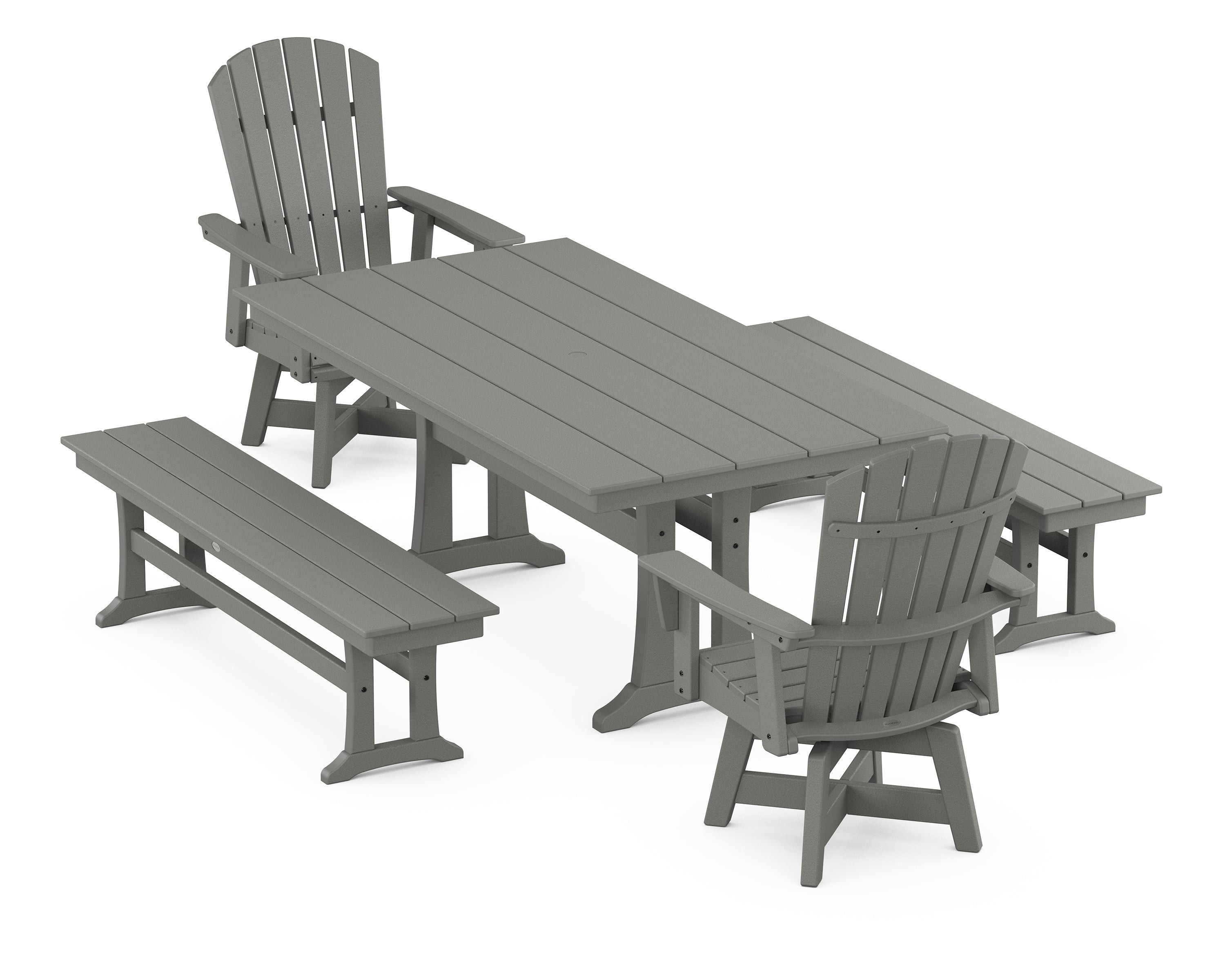 POLYWOOD® Nautical Curveback Adirondack Swivel Chair 5-Piece Farmhouse Dining Set With Trestle Legs and Benches in Slate Grey