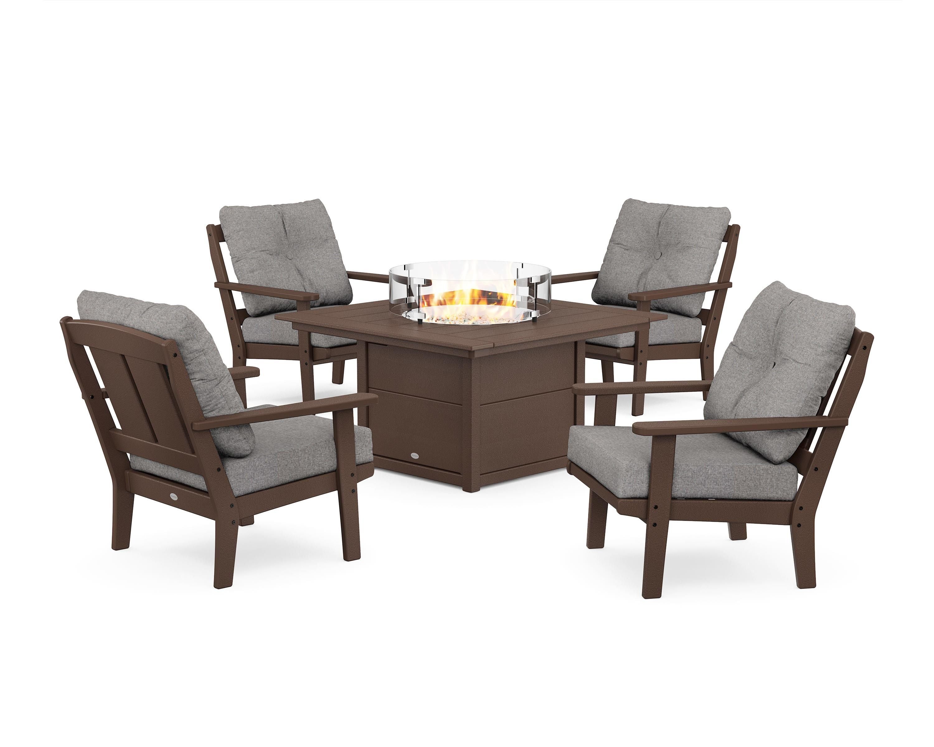POLYWOOD Mission 5-Piece Deep Seating Set with Fire Pit Table in Mahogany / Grey Mist