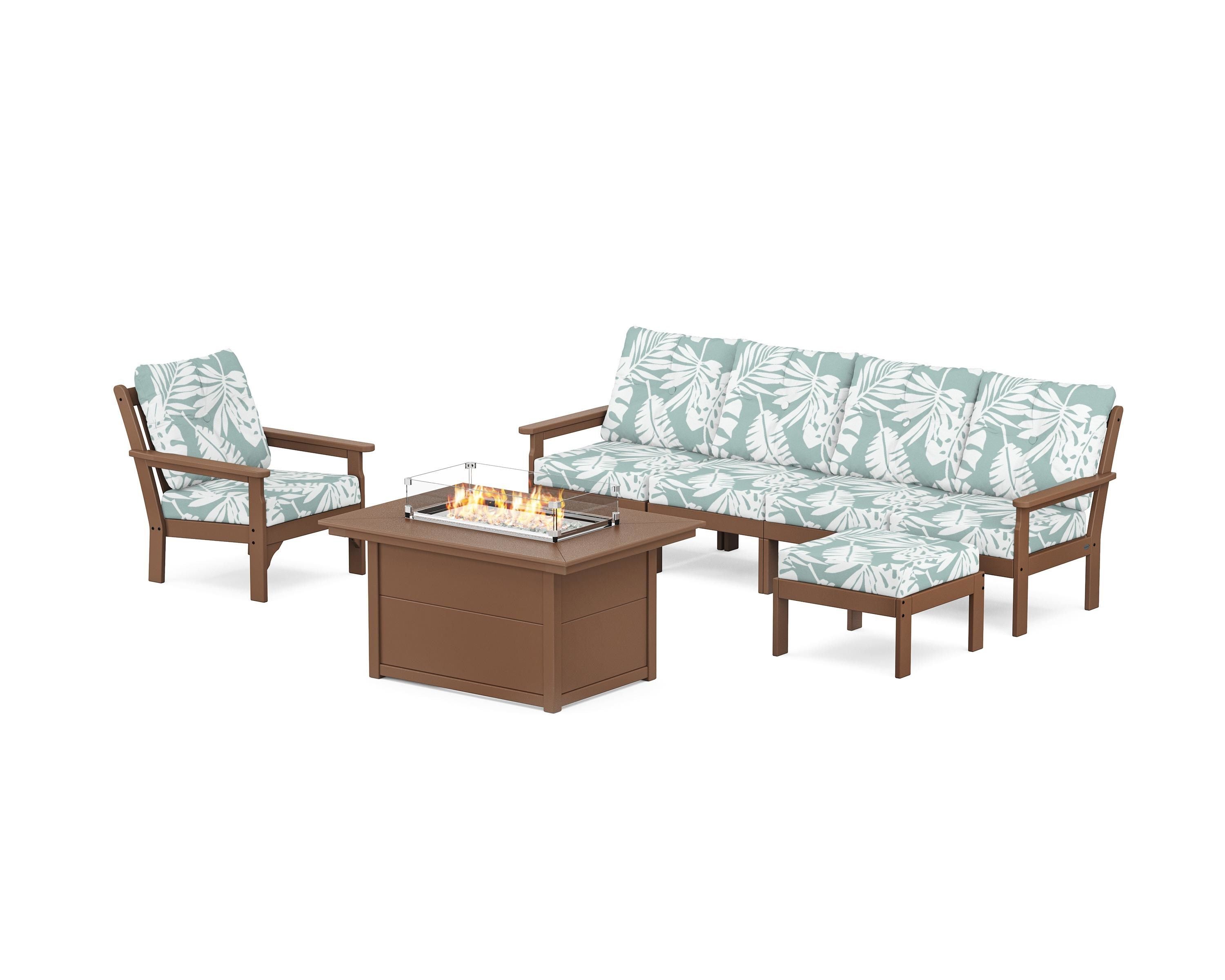 POLYWOOD Vineyard Sectional Lounge and Fire Pit Set in Teak / Leaf Glacier Spa