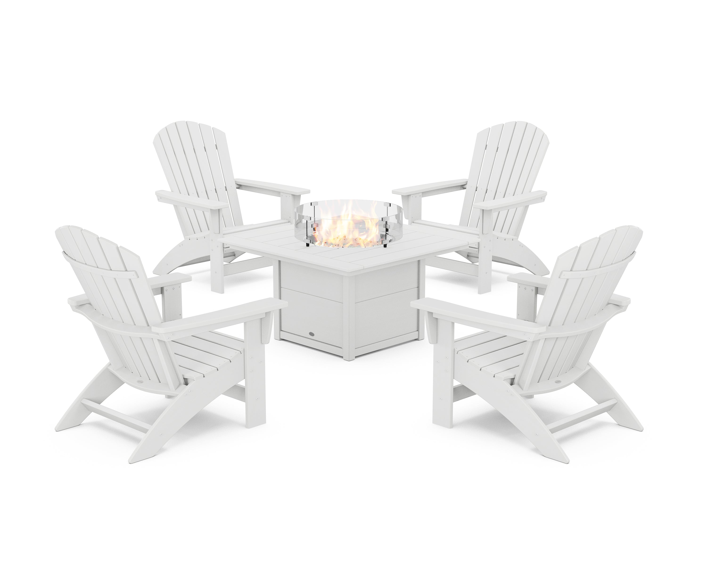 POLYWOOD® 5-Piece Nautical Grand Adirondack Conversation Set with Fire Pit Table in White