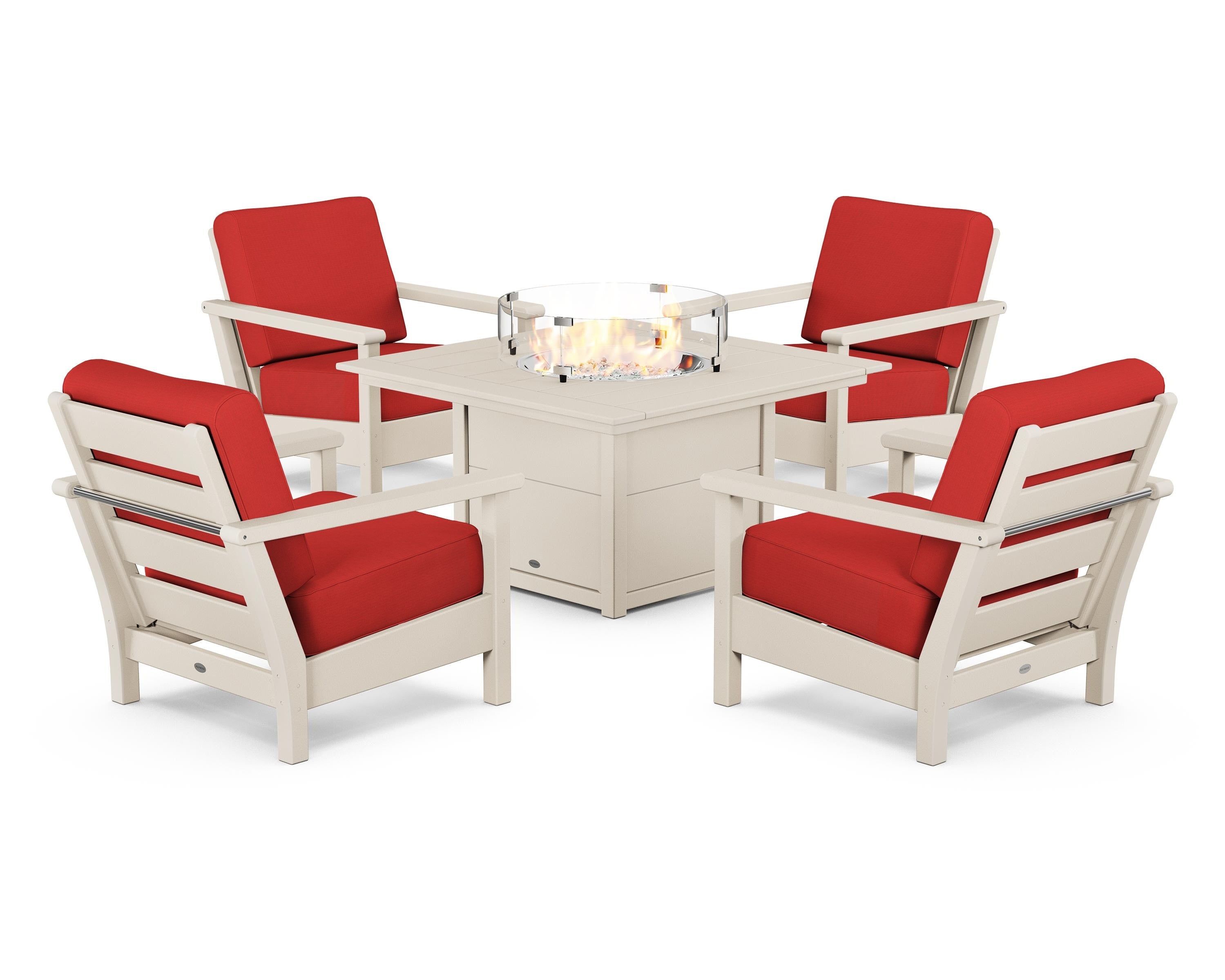 POLYWOOD Harbour 5-Piece Conversation Set with Fire Pit Table in Sand / Crimson Linen