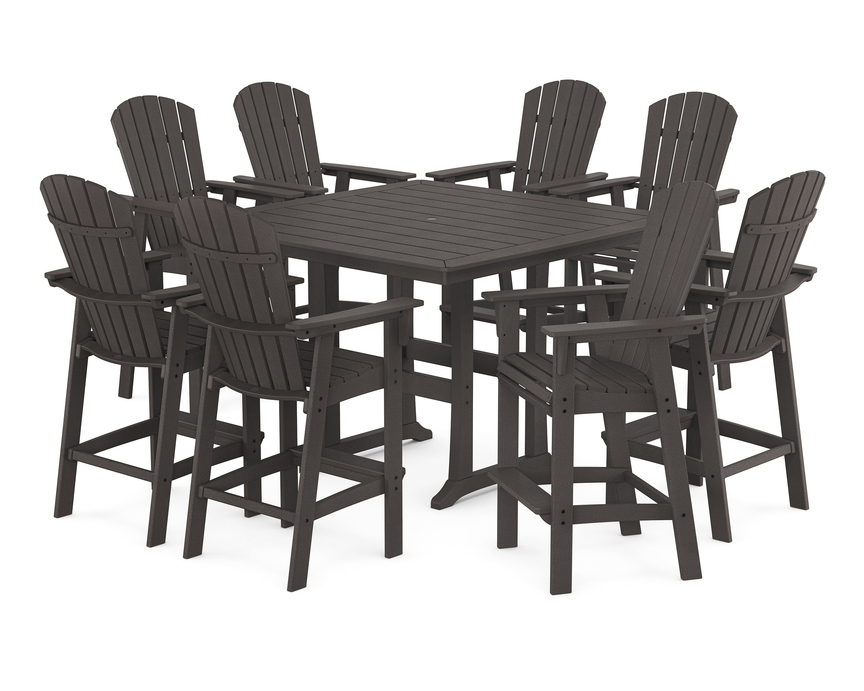 POLYWOOD® Nautical Curveback Adirondack 9-Piece Trestle Bar Set in Vintage Coffee