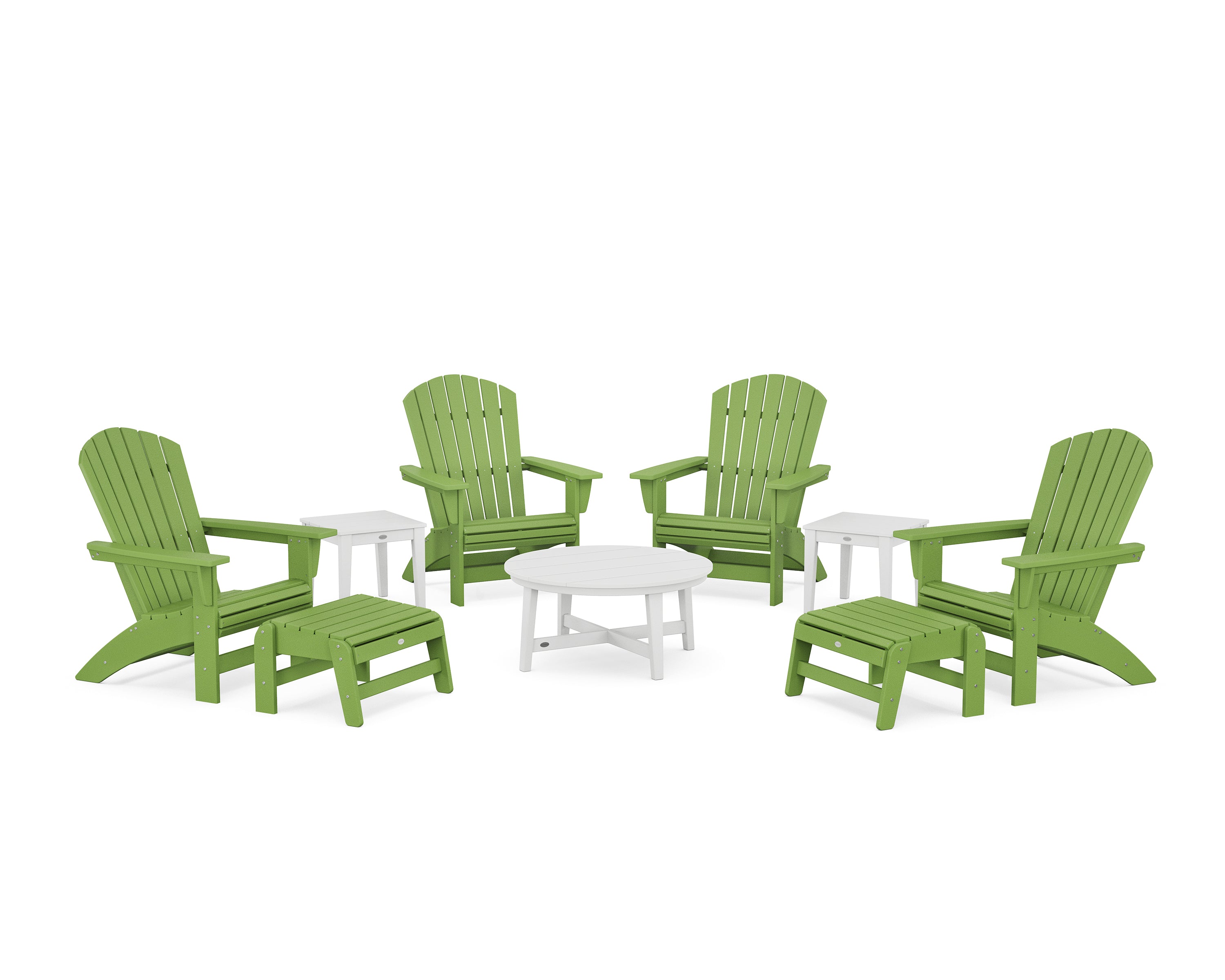 POLYWOOD Nautical Grand Adirondack 9-Piece Conversation Set in Lime / White