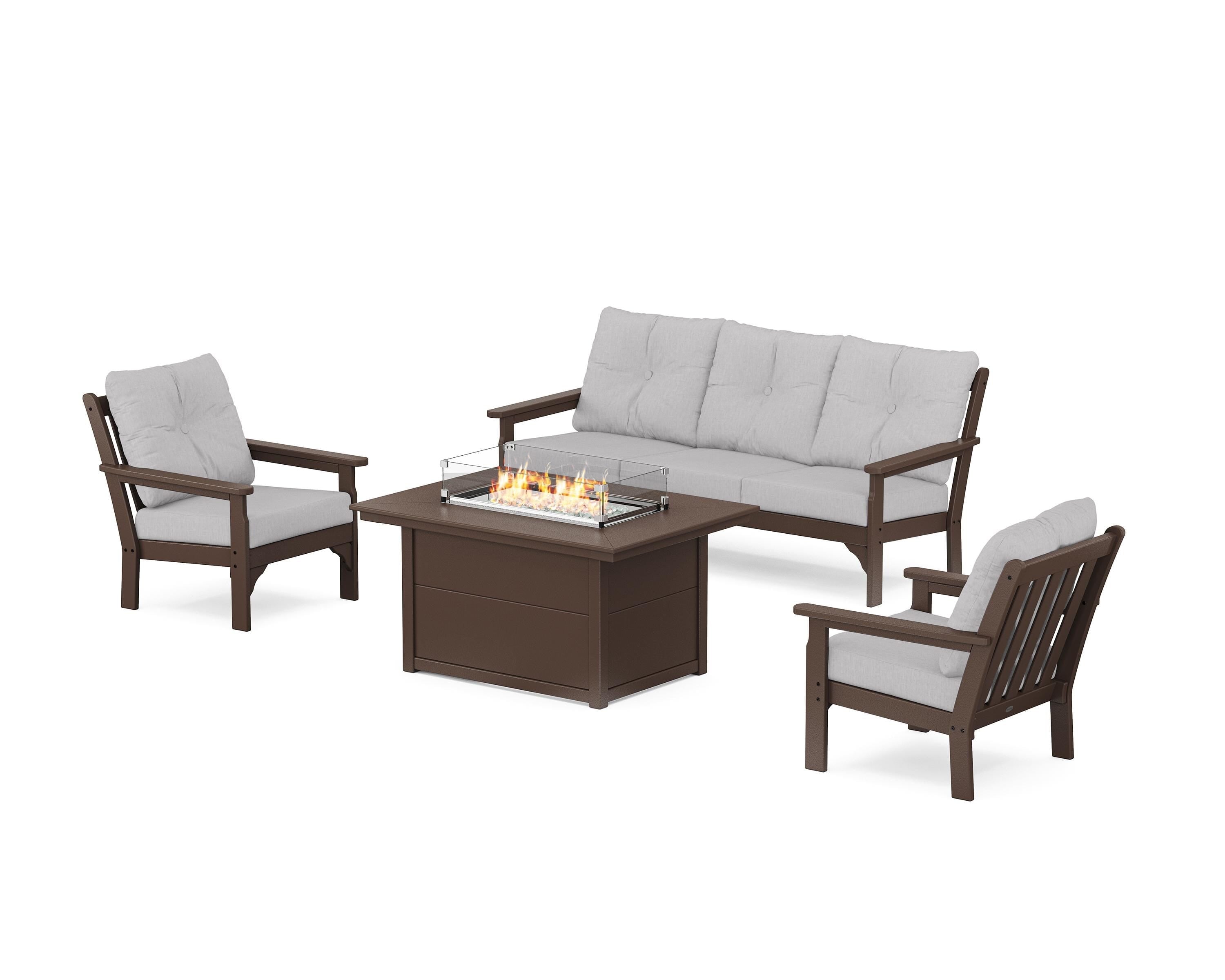 POLYWOOD Vineyard Deep Seating Fire Pit Table Set in Mahogany / Granite