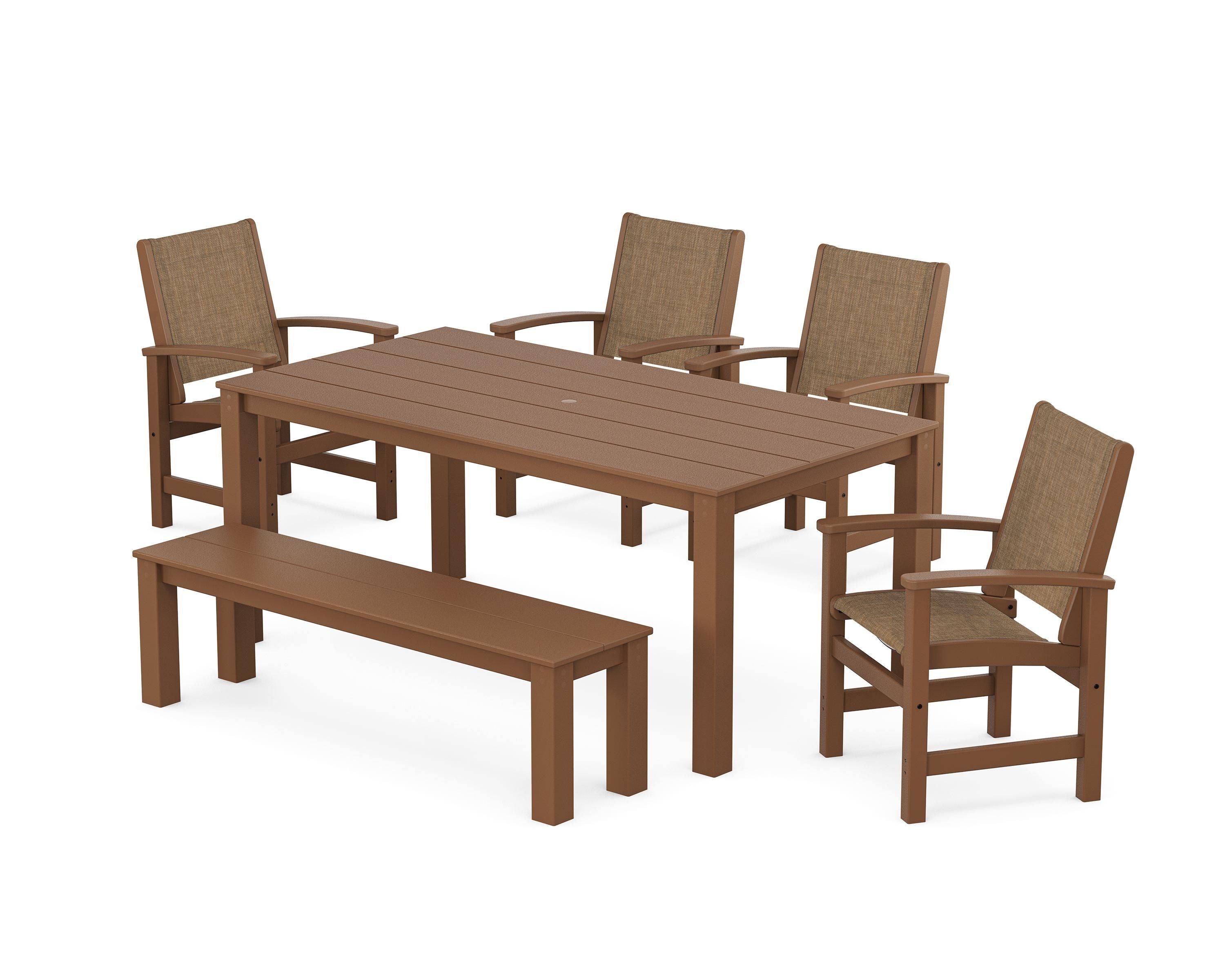 POLYWOOD Coastal 6-Piece Parsons Dining Set with Bench in Teak / Burlap Sling