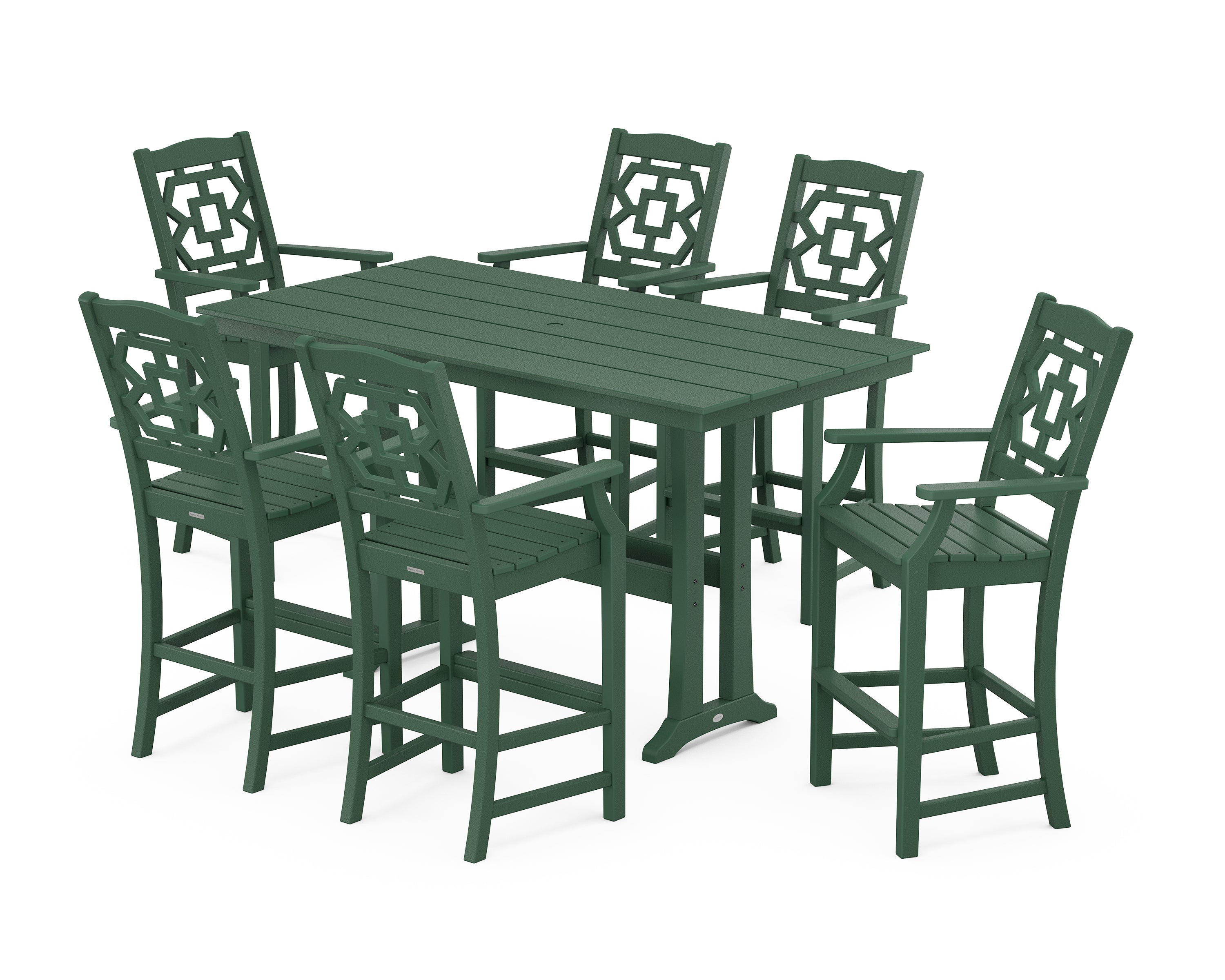 Martha Stewart by POLYWOOD Chinoiserie Arm Chair 7-Piece Farmhouse Bar Set with Trestle Legs in Green