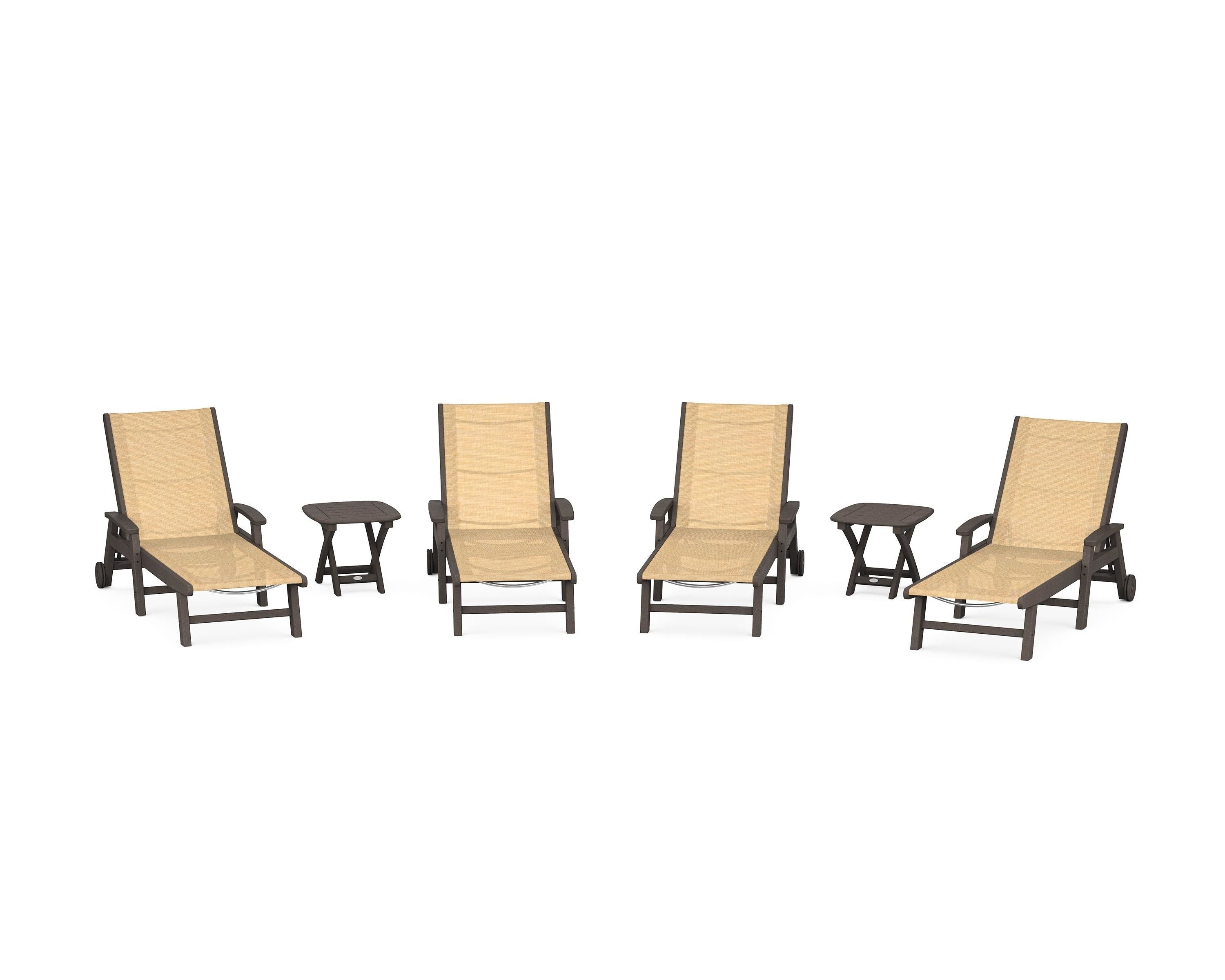 POLYWOOD Coastal Chaise 6-Piece Set with Wheels in Vintage Coffee / Dupioni Apricot Sling