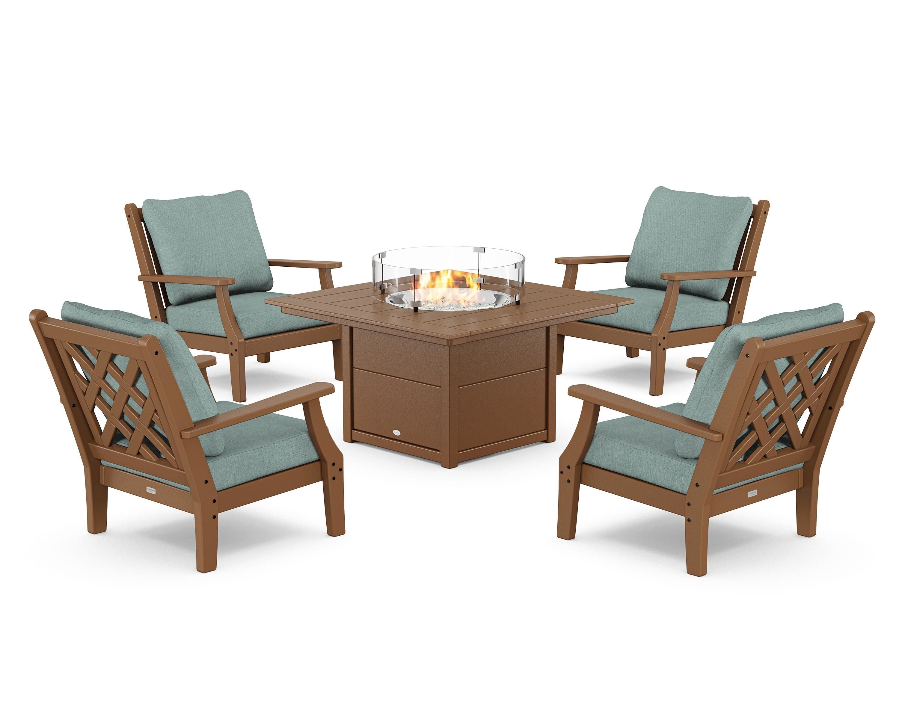 Country Living Wovendale 5-Piece Deep Seating Set with Fire Pit Table in Teak / Glacier Spa