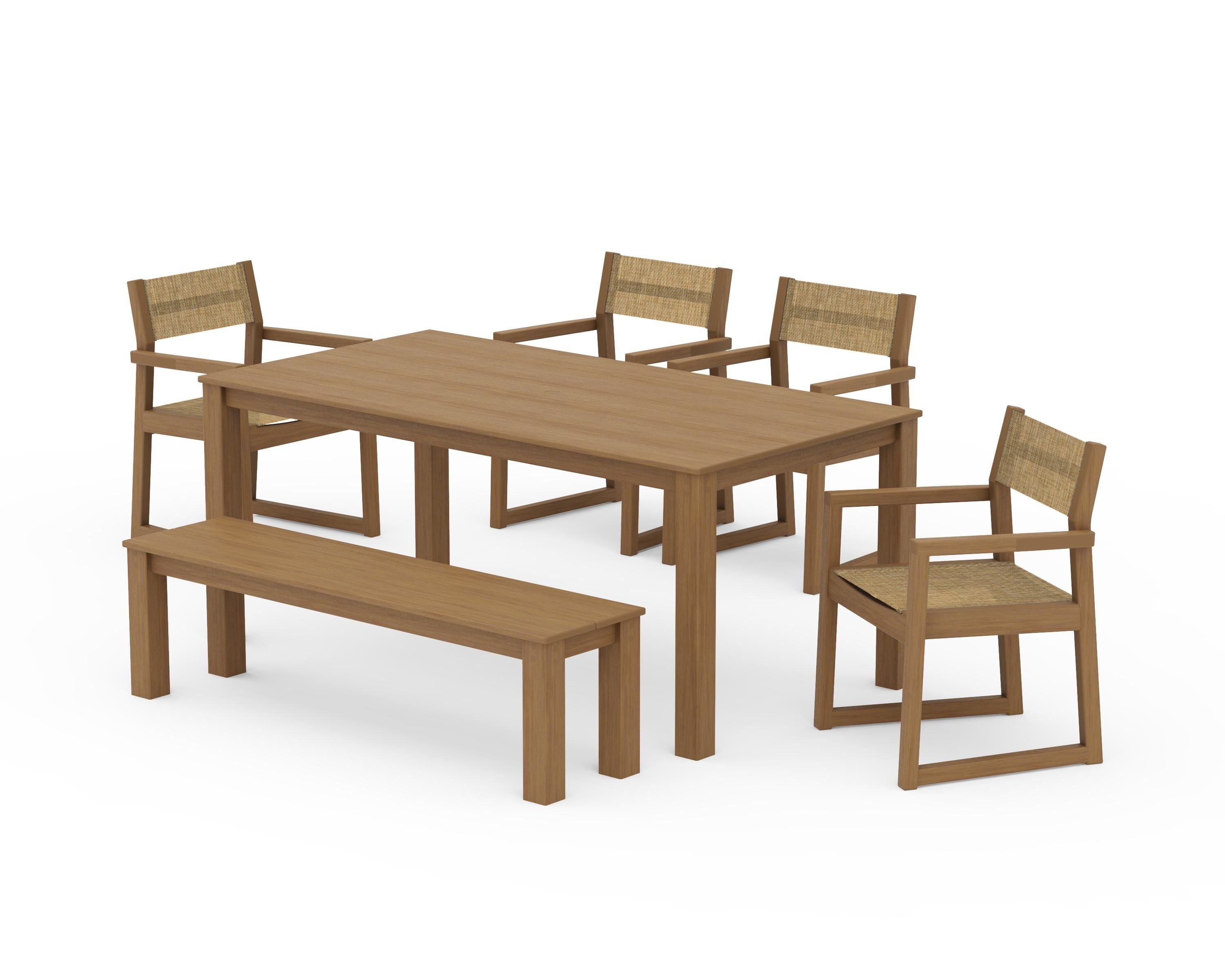 POLYWOOD EDGE Sling Arm Chair 6-Piece Parsons Dining Set with Bench in Natural / Burlap Sling