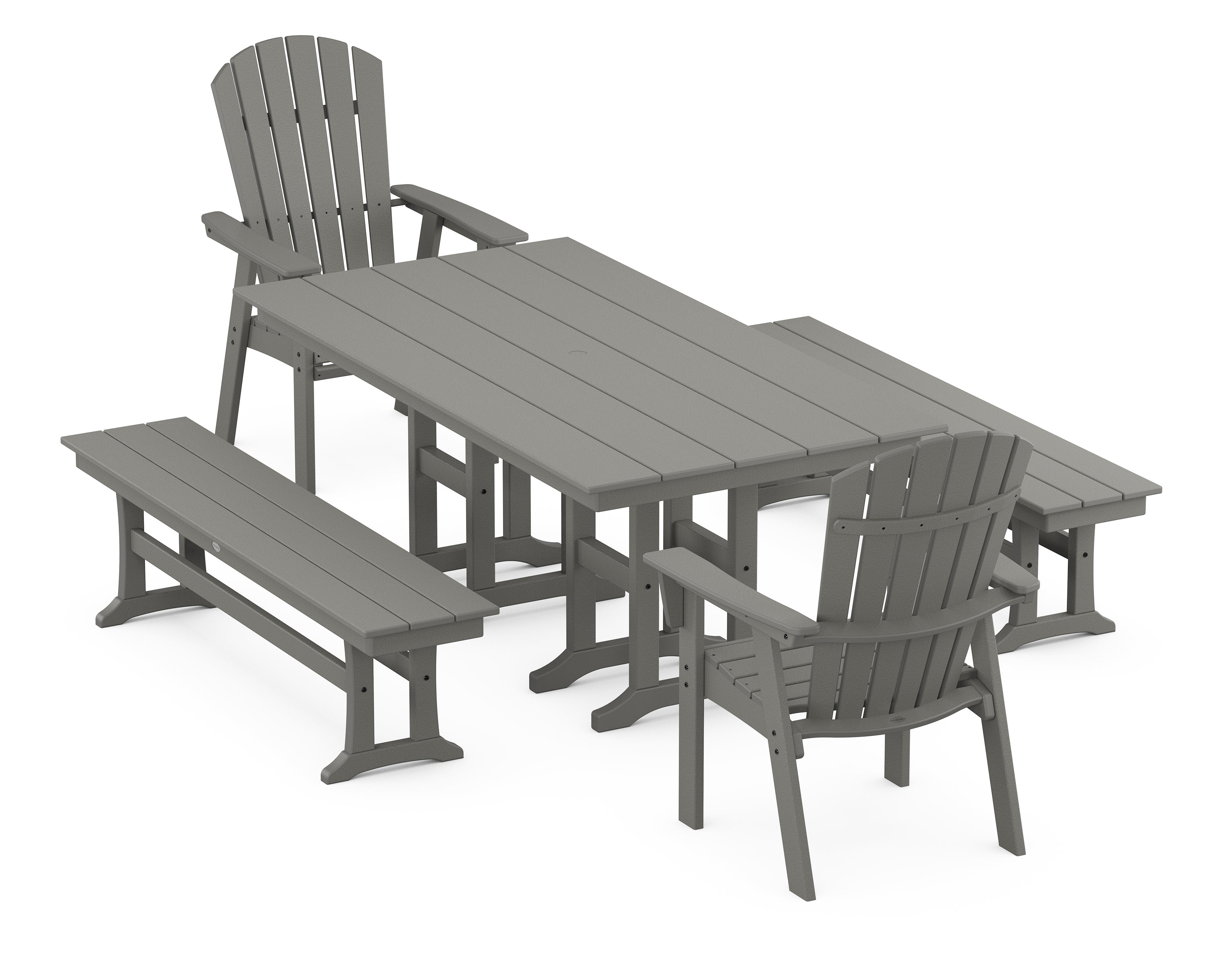 POLYWOOD® Nautical Curveback Adirondack 5-Piece Farmhouse Dining Set with Benches in Slate Grey