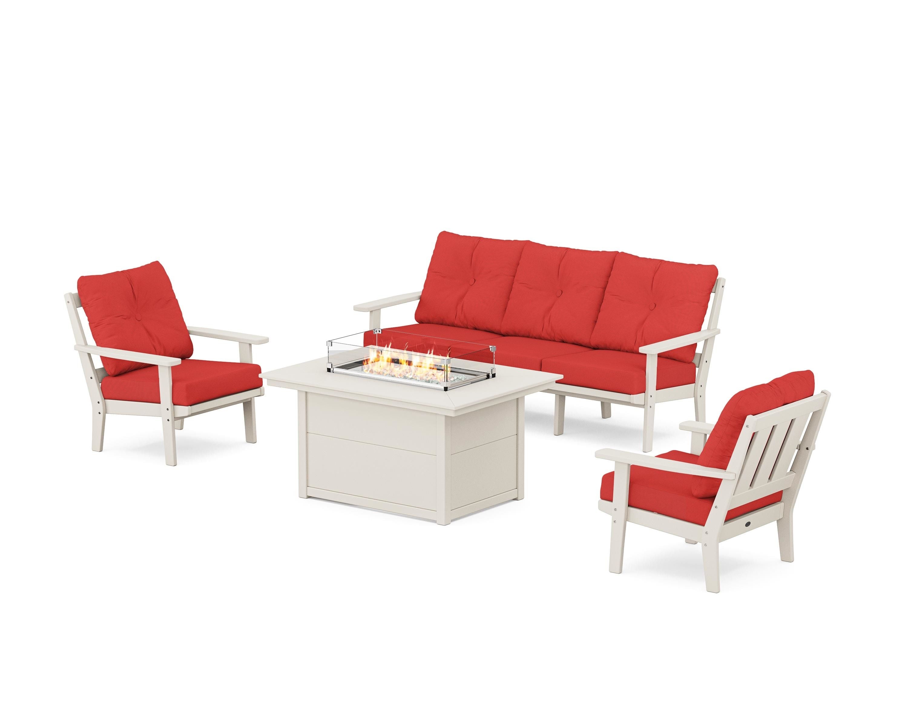 POLYWOOD Oxford Deep Seating Fire Pit Table Set in Sand / Crimson Linen
