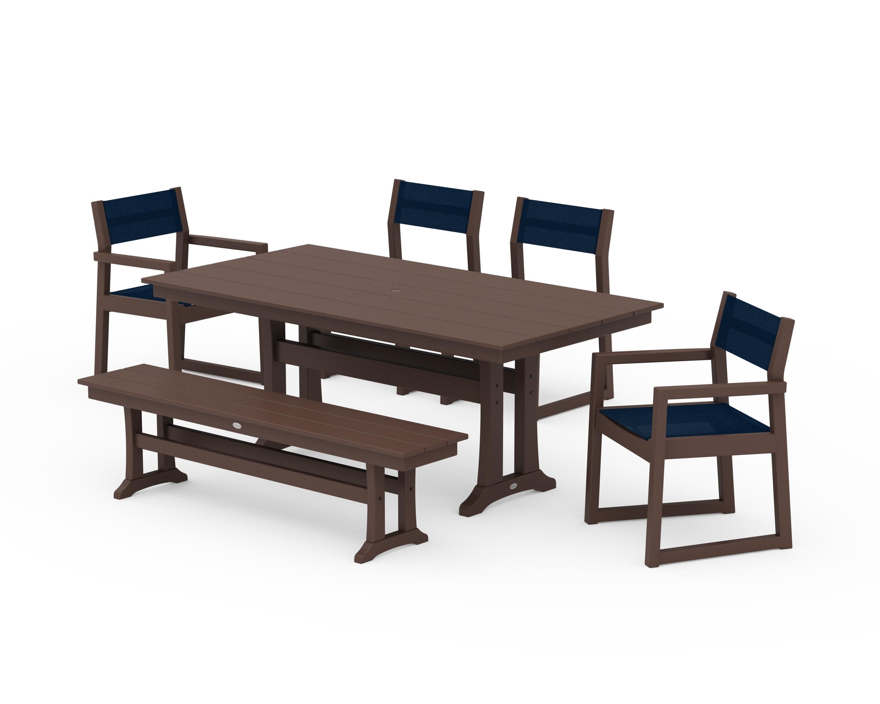 POLYWOOD EDGE Sling 6-Piece Farmhouse Dining Set With Trestle Legs in Mahogany / Navy Blue Sling
