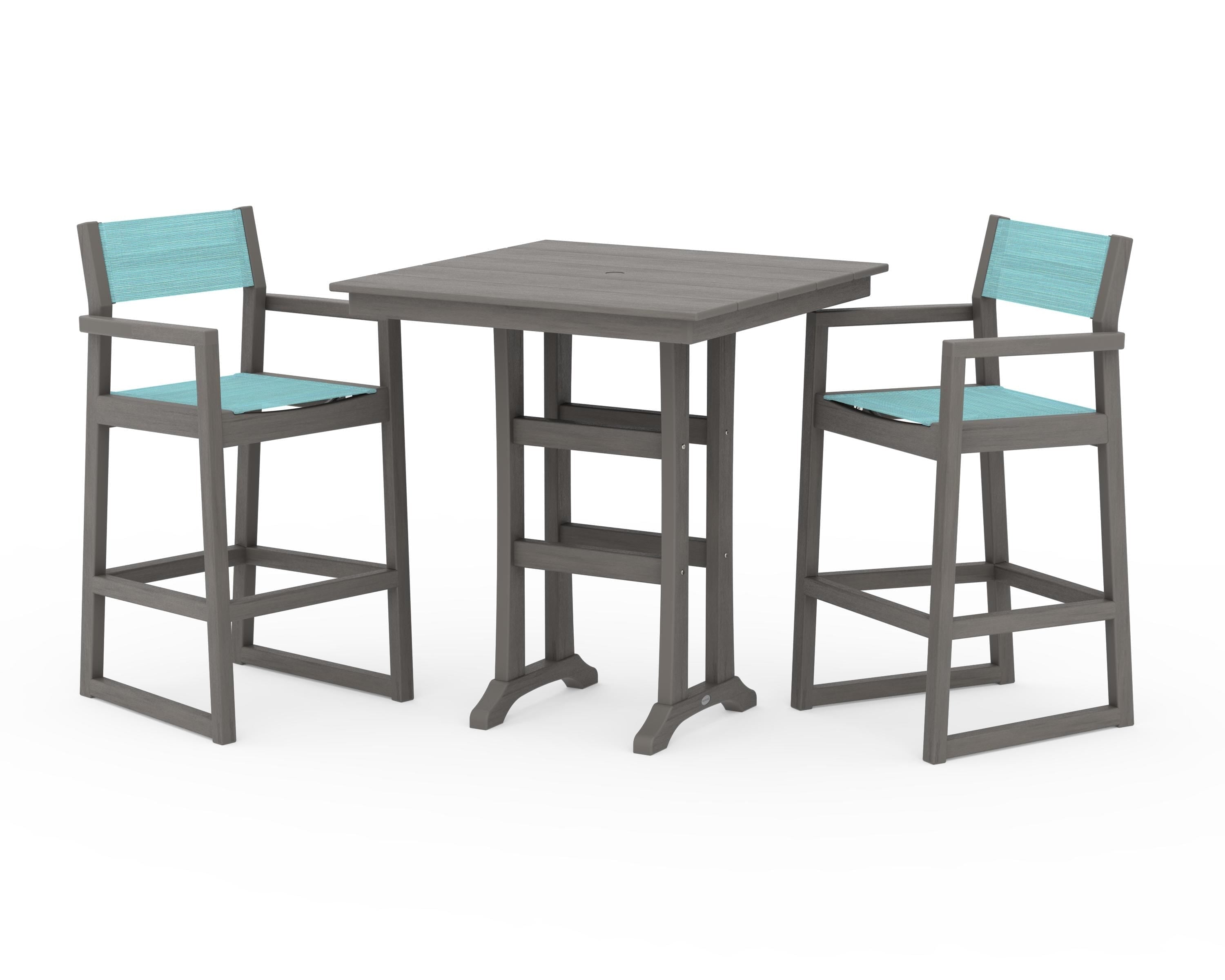 POLYWOOD EDGE Sling Arm Chair 3-Piece Farmhouse Bar Set with Trestle Legs in Driftwood / Dupioni Aquamarine Sling