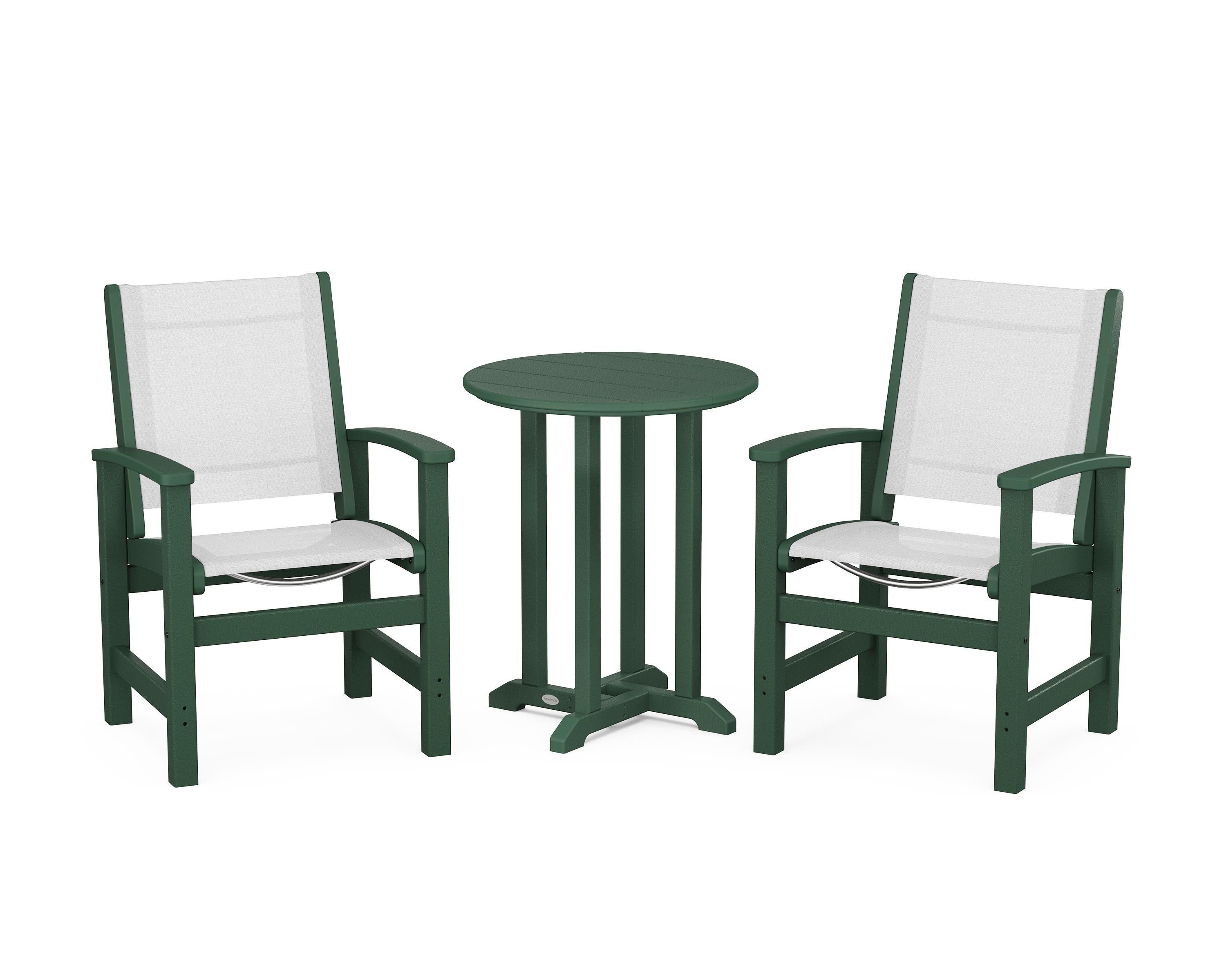 POLYWOOD Coastal 3-Piece Round Bistro Dining Set in Green / White Sling
