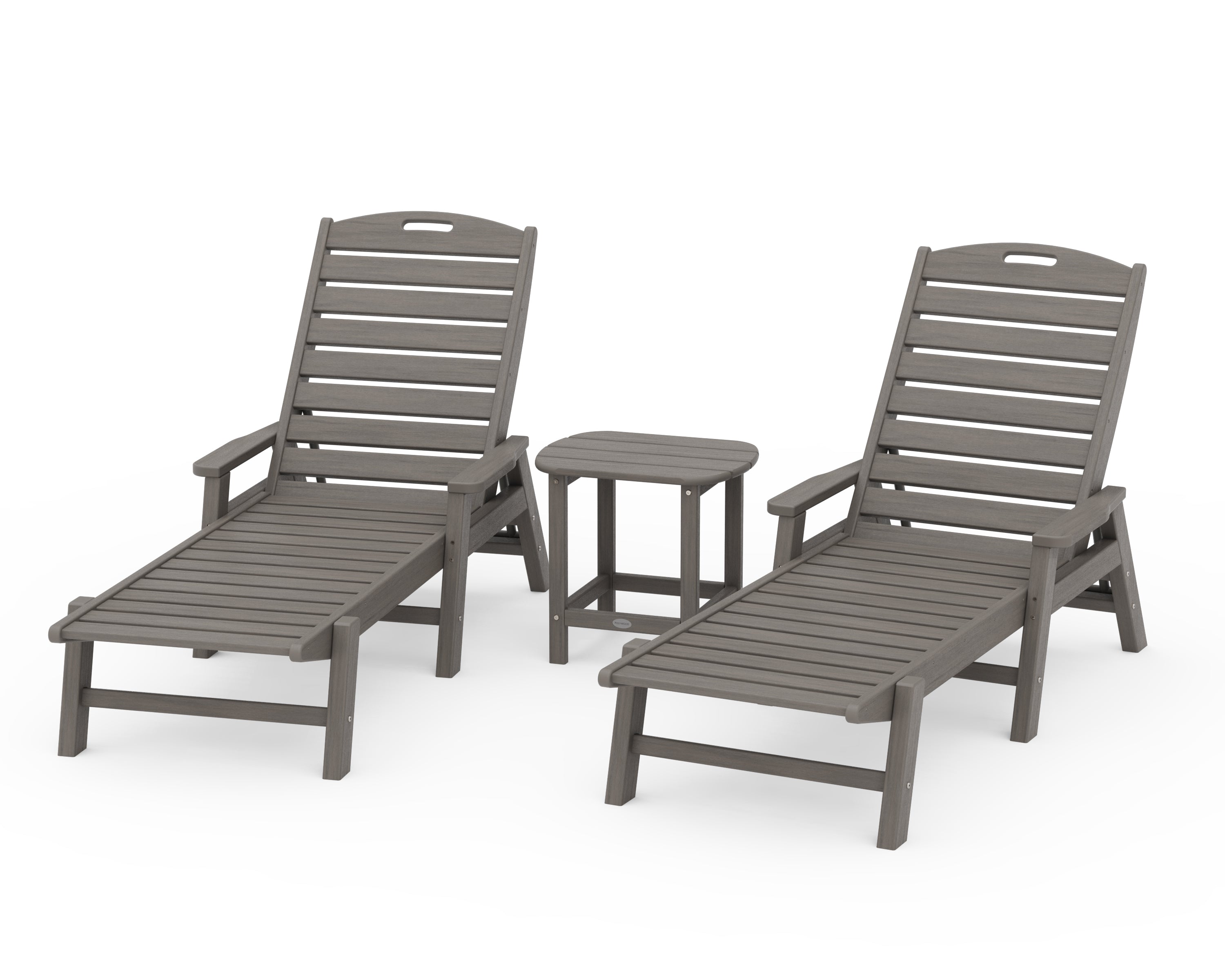 POLYWOOD Nautical 3-Piece Chaise Lounge with Arms Set with South Beach 18" Side Table in Driftwood