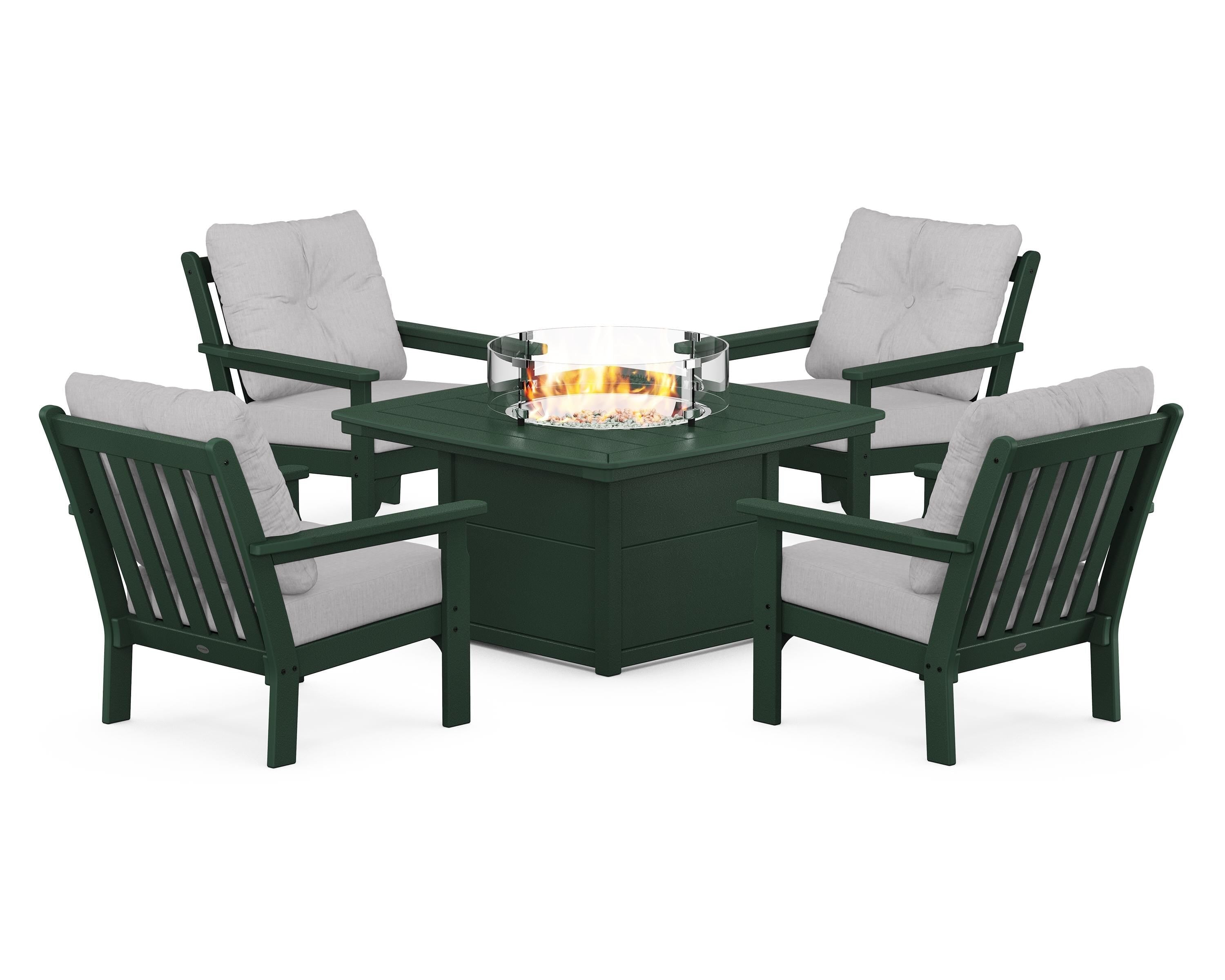 POLYWOOD Vineyard 5-Piece Conversation Set with Fire Pit Table in Green / Granite