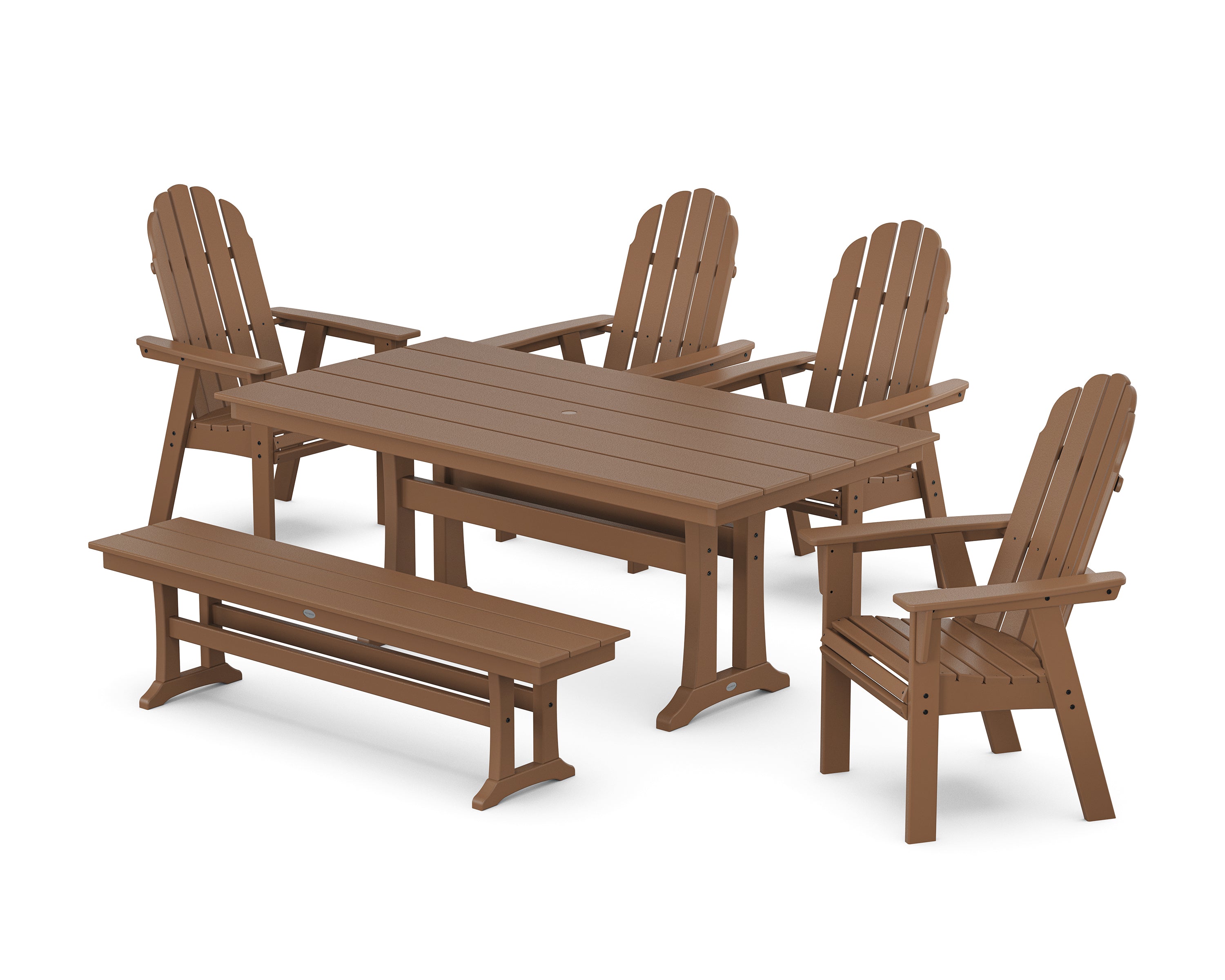 POLYWOOD Vineyard Curveback Adirondack Chair 6-Piece Farmhouse Dining Set with Trestle Legs and Bench in Teak