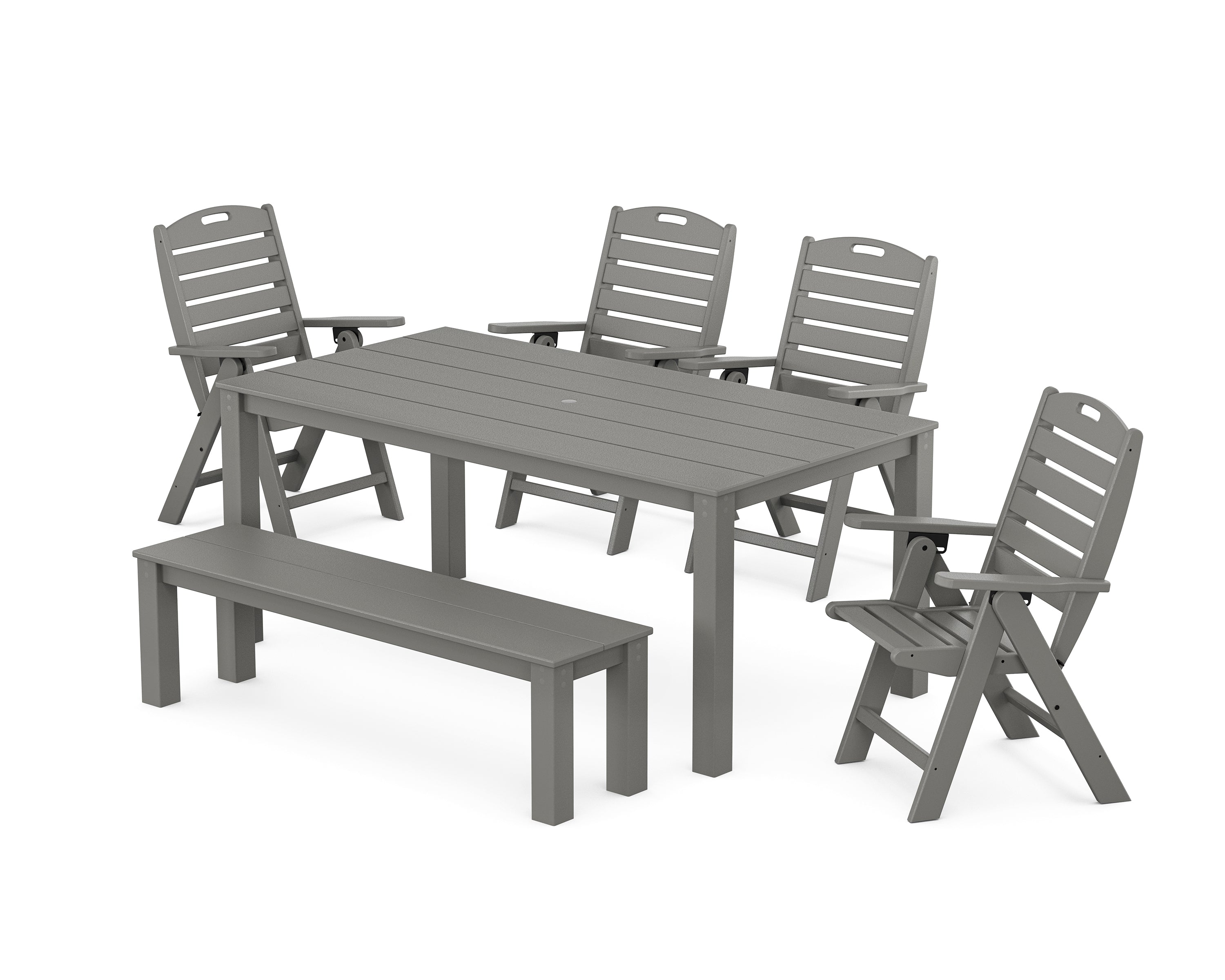 POLYWOOD Nautical Folding Highback Chair 6-Piece Parsons Dining Set with Bench in Slate Grey