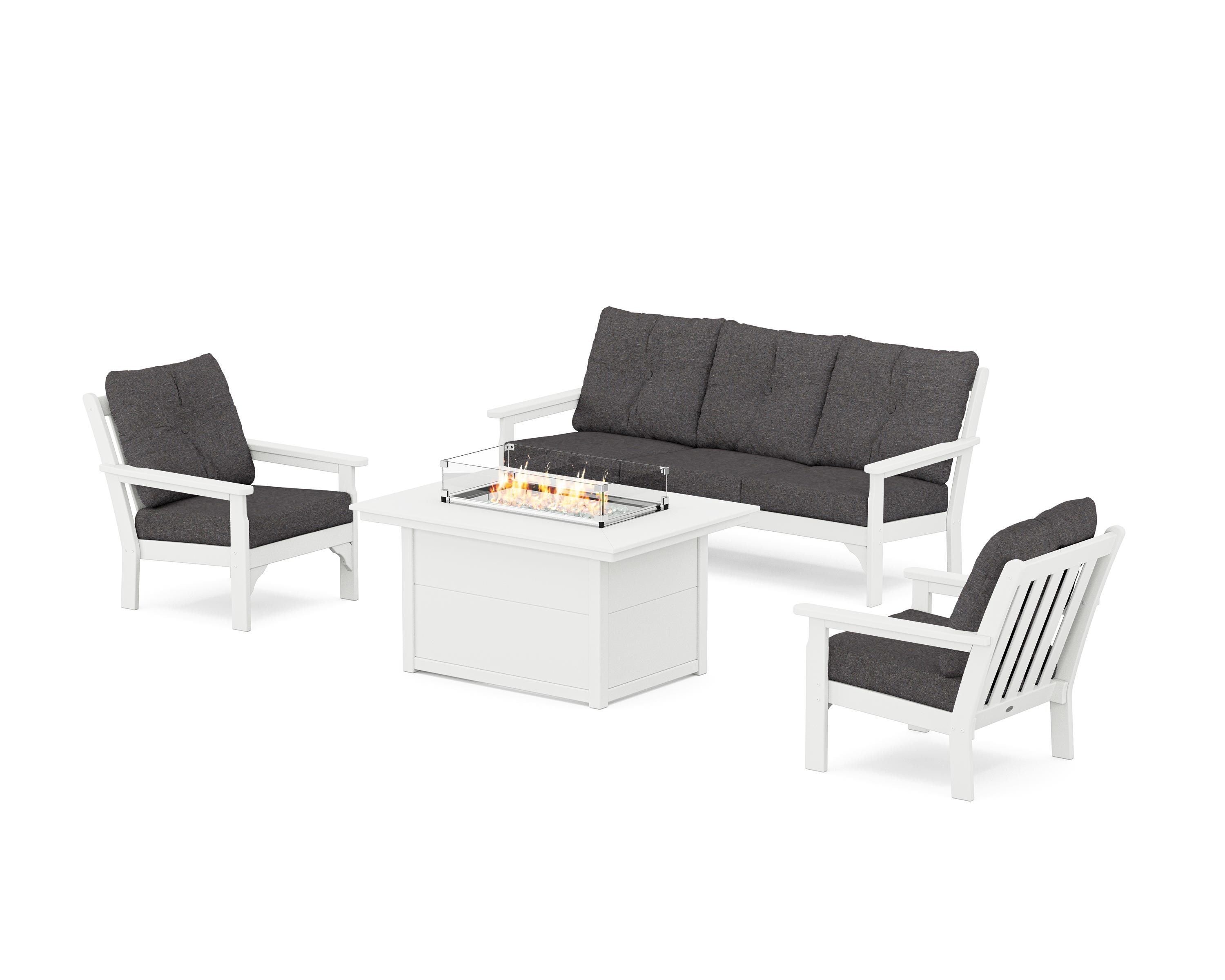 POLYWOOD Vineyard Deep Seating Fire Pit Table Set in White / Ash Charcoal