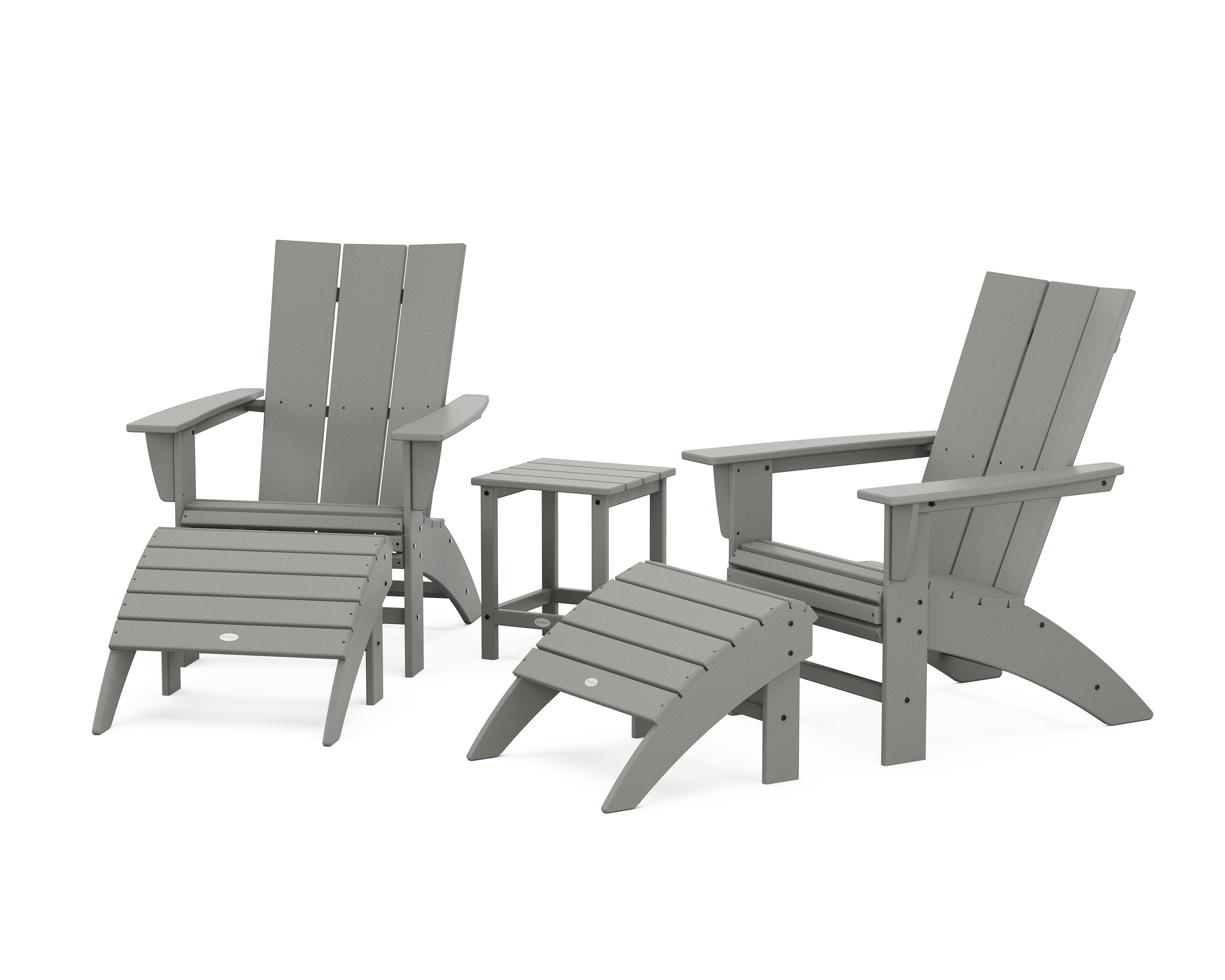 POLYWOOD® Modern Curveback Adirondack Chair 5-Piece Set with Ottomans and 18" Side Table in Slate Grey