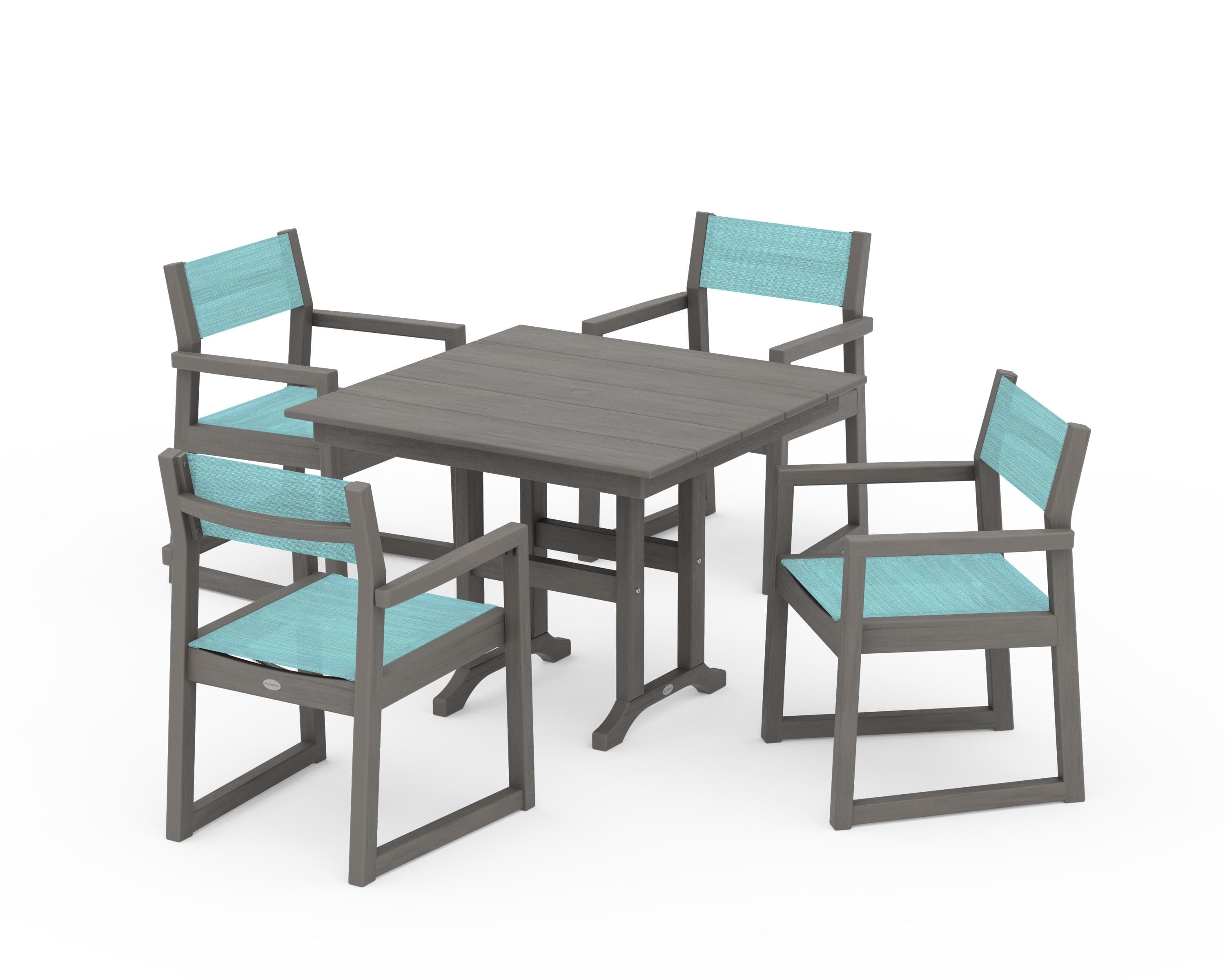 POLYWOOD EDGE Sling Arm Chair 5-Piece Farmhouse Dining Set in Driftwood / Dupioni Aquamarine Sling