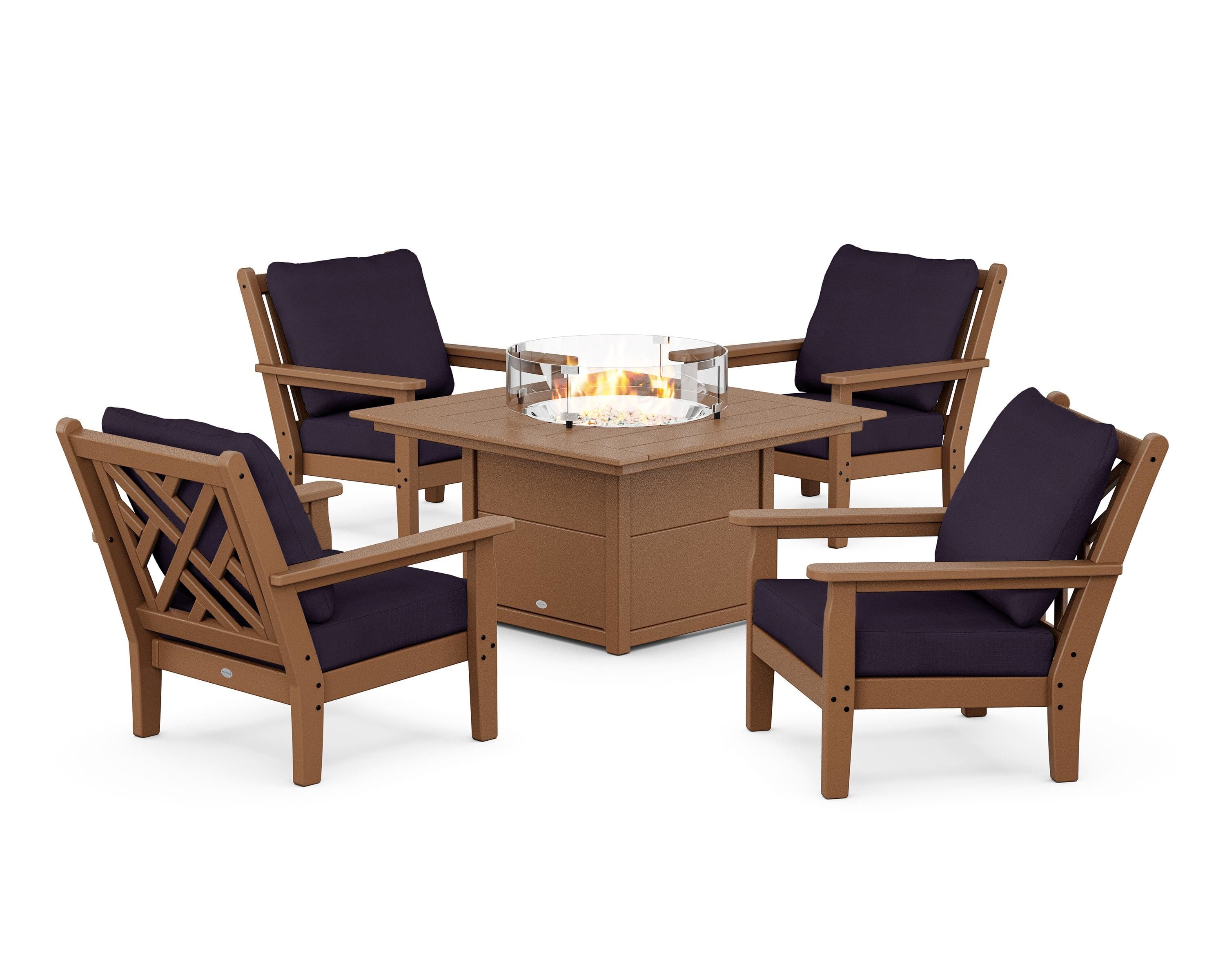 POLYWOOD Chippendale 5-Piece Deep Seating Set with Fire Pit Table in Teak / Navy Linen