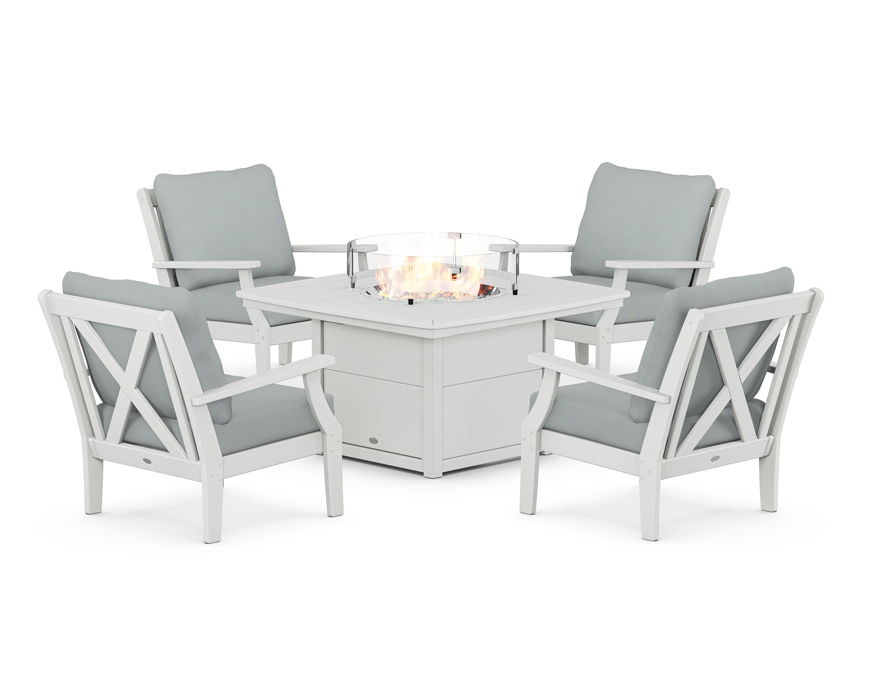 POLYWOOD Braxton 5-Piece Deep Seating Conversation Set with Fire Pit Table in White / Spa