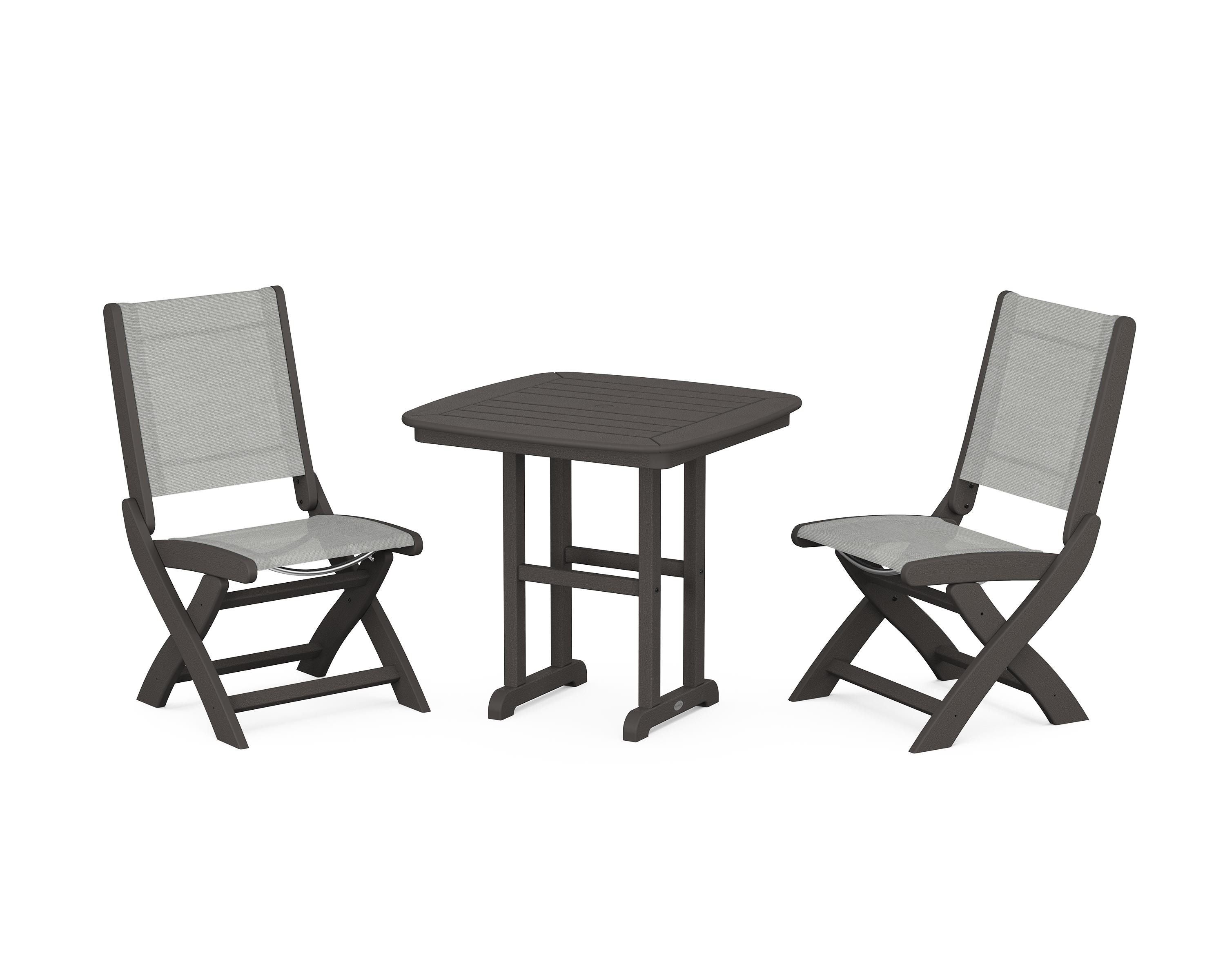 POLYWOOD Coastal Folding Side Chair 3-Piece Dining Set in Vintage Coffee / Metallic Sling