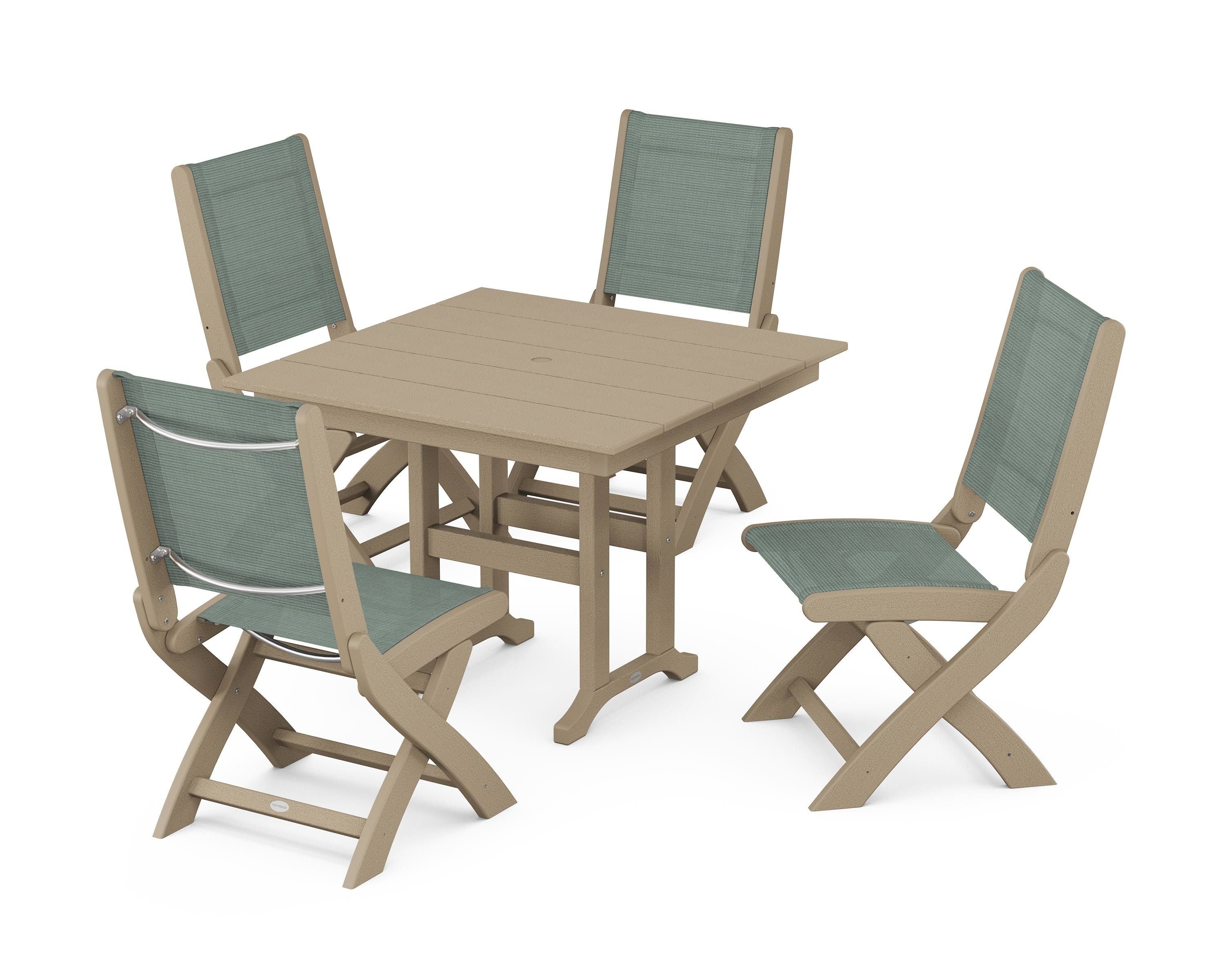 POLYWOOD Coastal Folding Side Chair 5-Piece Farmhouse Dining Set in Vintage Sahara / Dupioni Sea Mist Sling